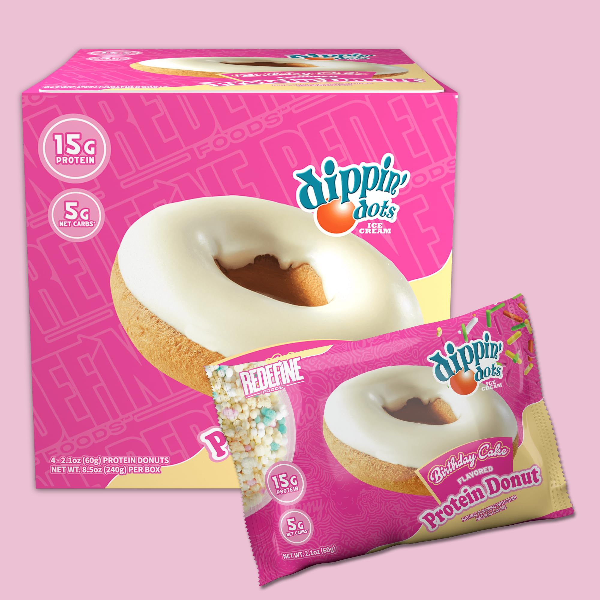 REDEFINE Dippin' Dots Donut protéiné – portions individuelles: idéal pour le bureau.