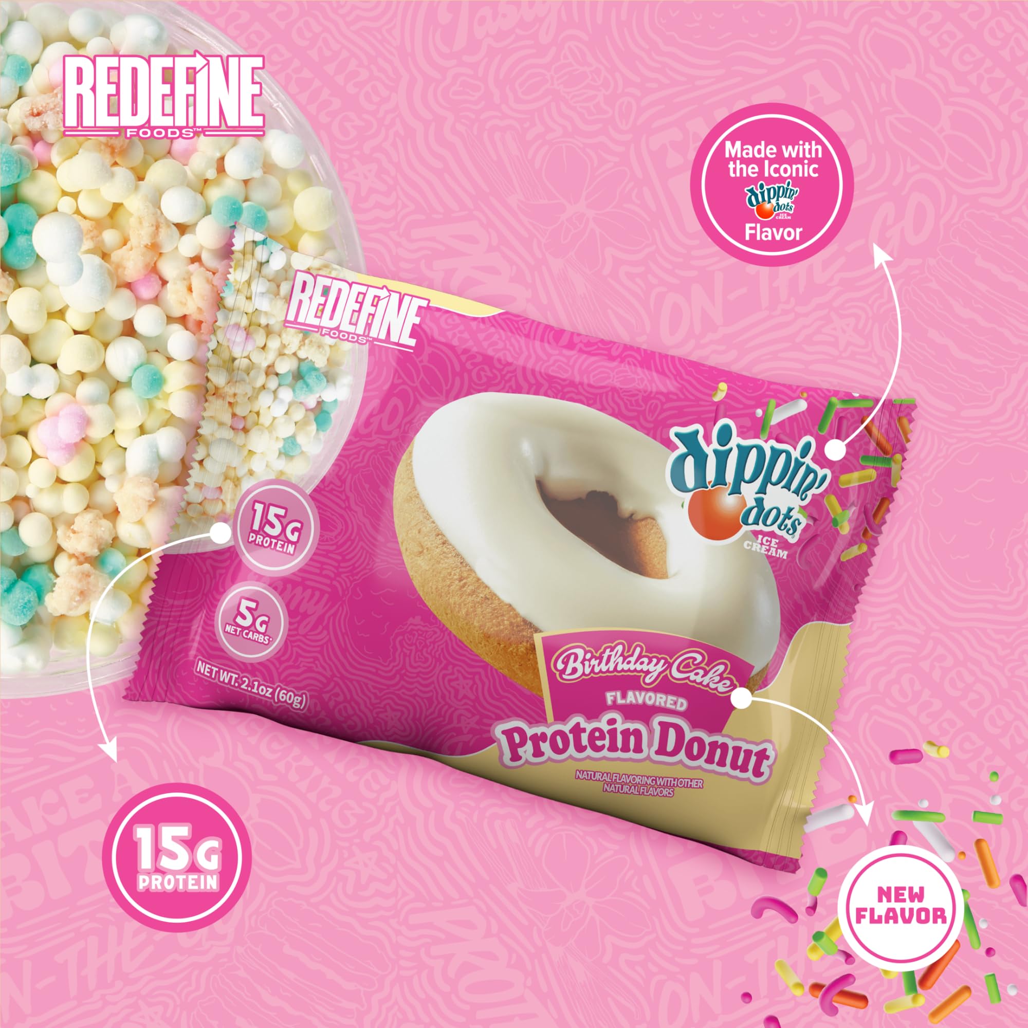 REDEFINE Dippin' Dots Donut protéiné – goût nostalgique: rappel anniversaire sans excès.
