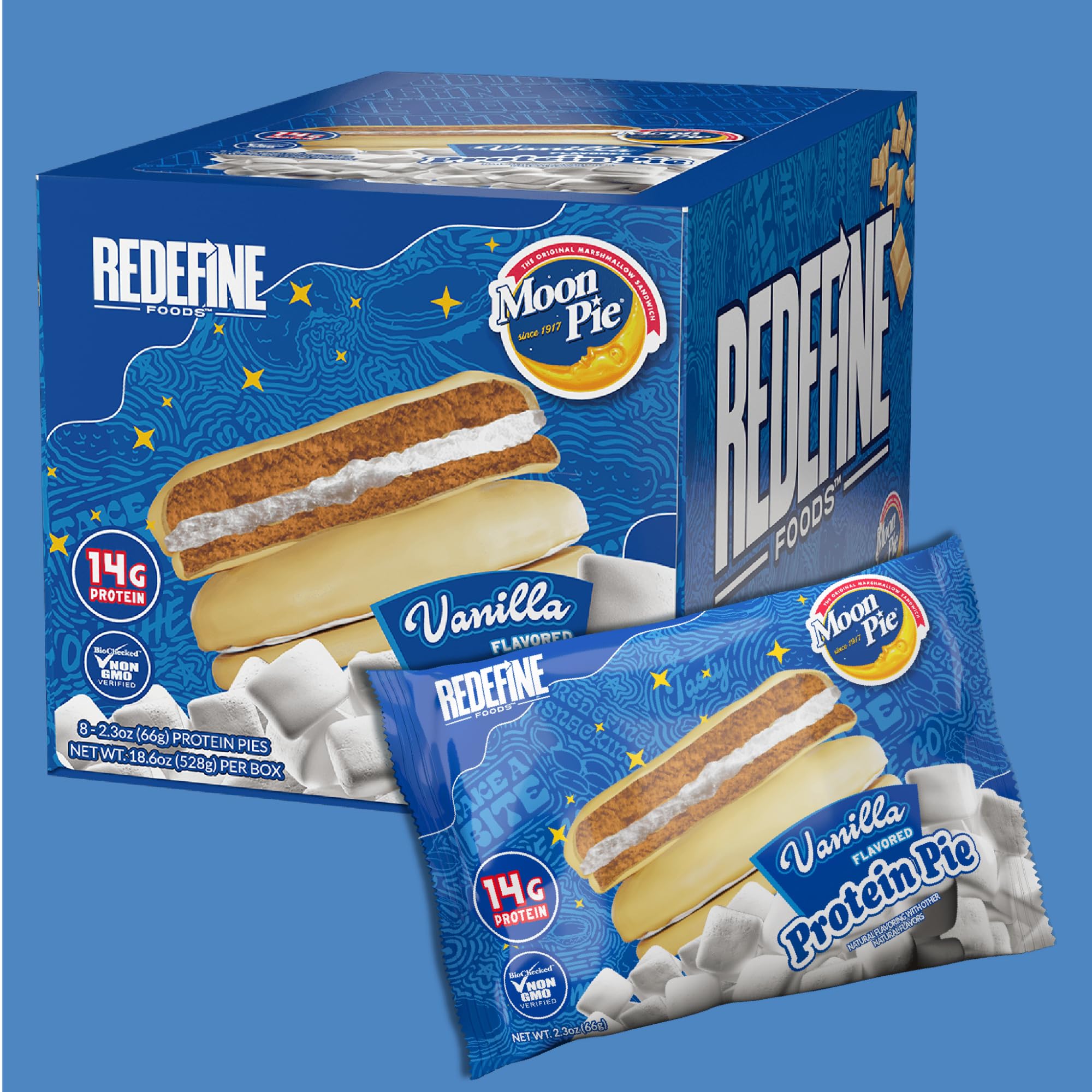 redefine gateau proteine moonpie vanille, 14 g de proteines par portion, option riche