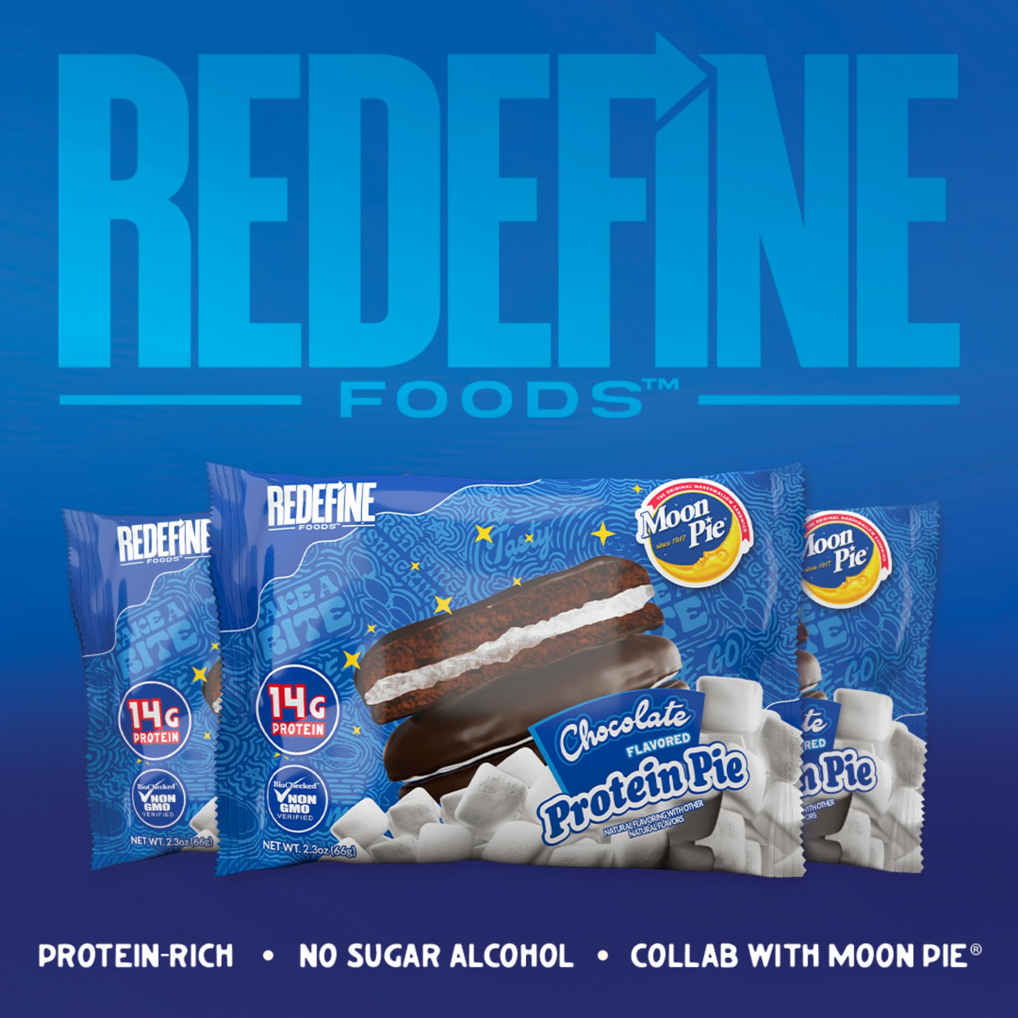 REDEFINE Protein Pie MoonPie Chocolat: emballage clair, produit non-OGM.