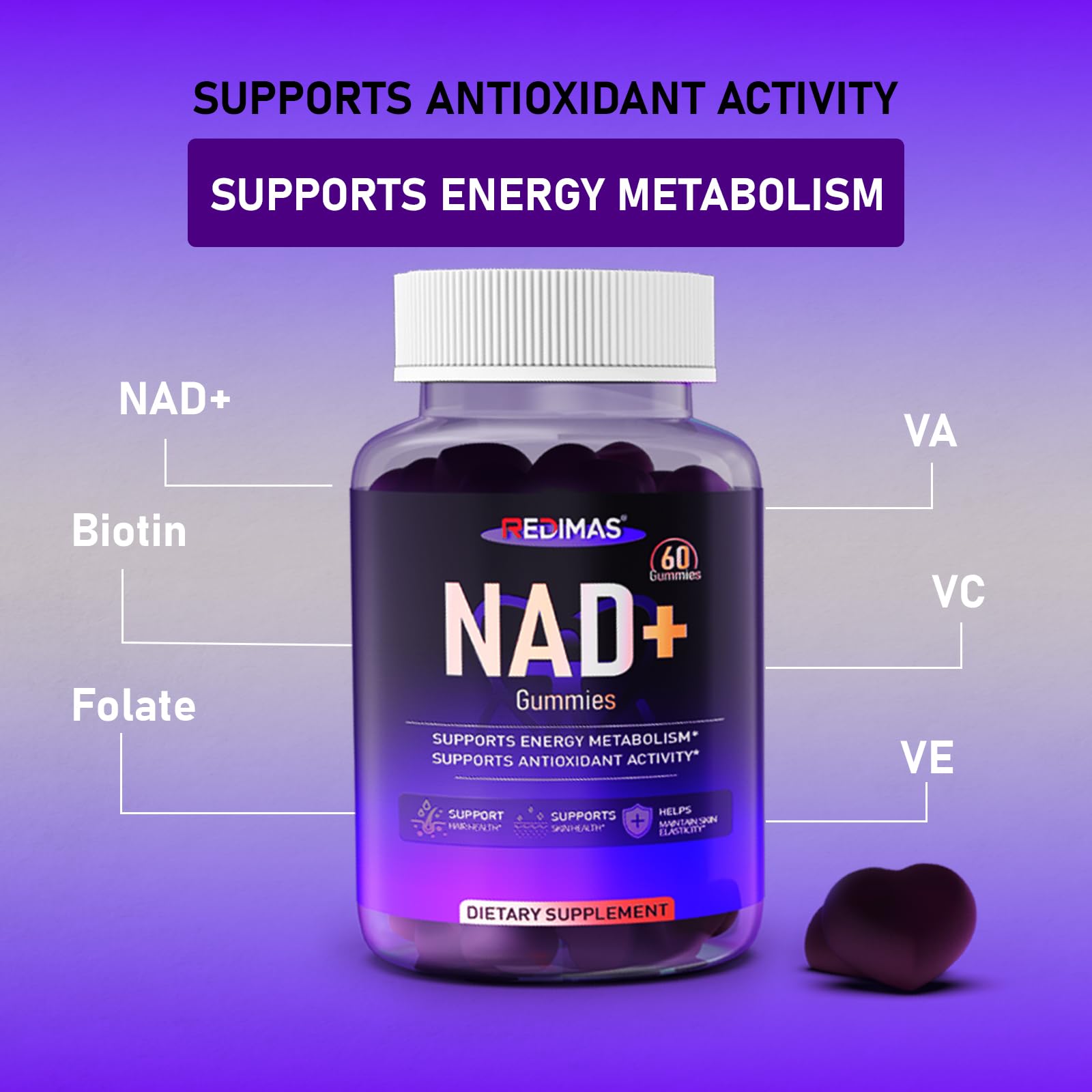 Redimas NAD Gommes – ingrédients clés comme collagène et biotine.