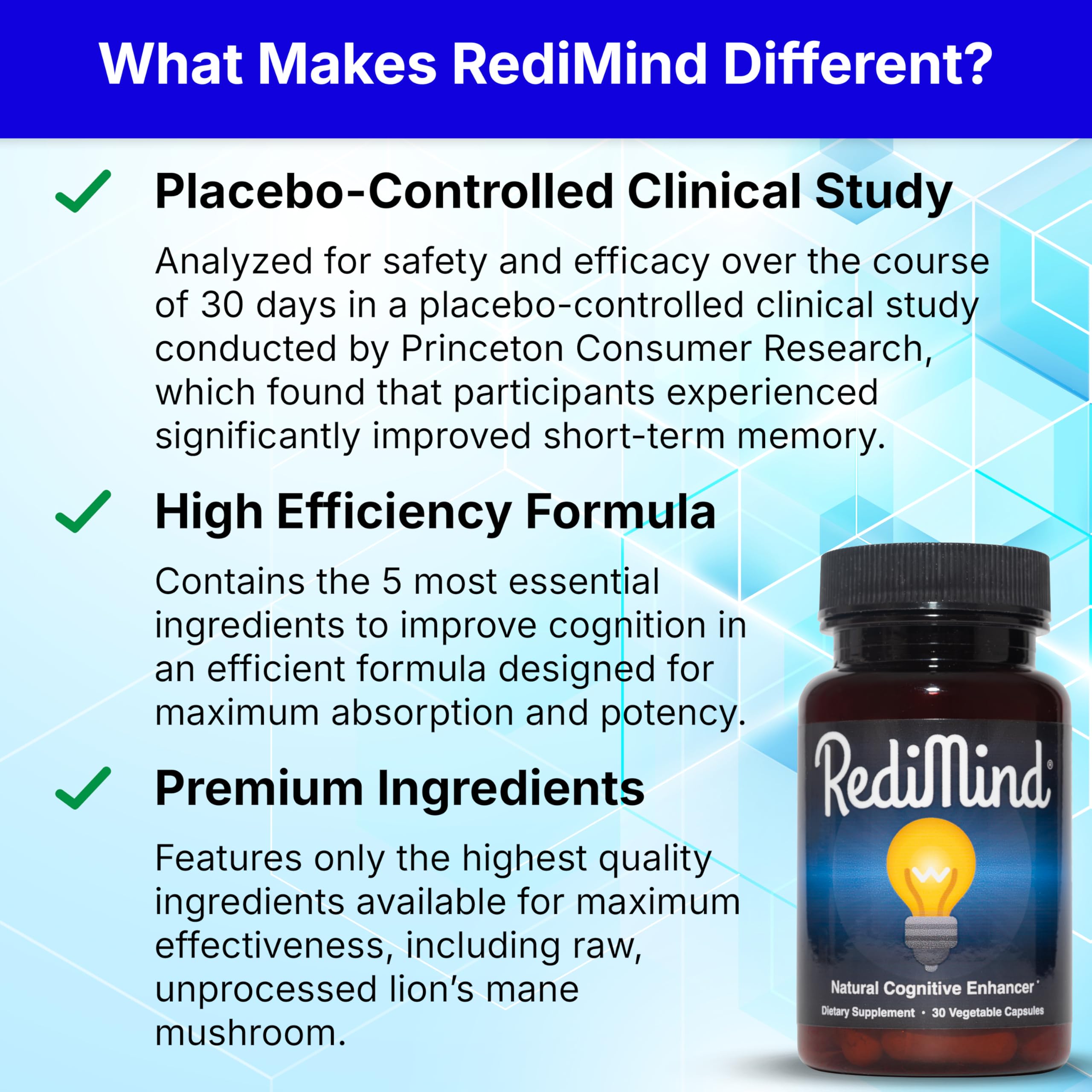 RediMind, capsules bacopa monnieri, formulation naturelle pour mémoire et concentration.