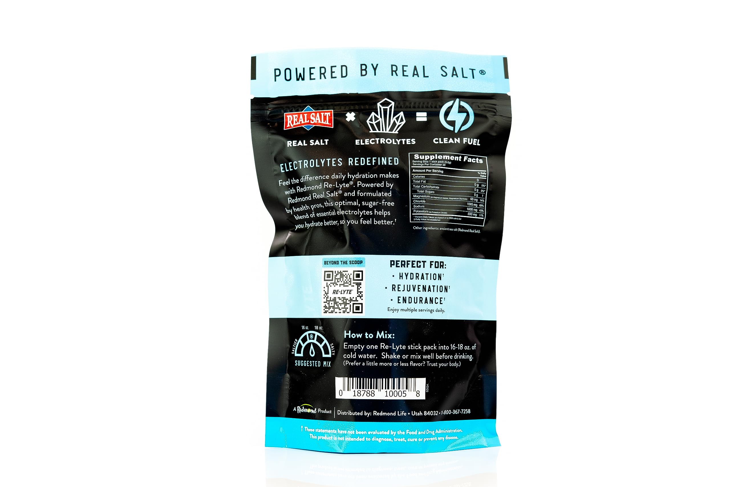 REDMOND Re-Lyte met en évidence les minéraux Real Salt pour une hydratation riche.
