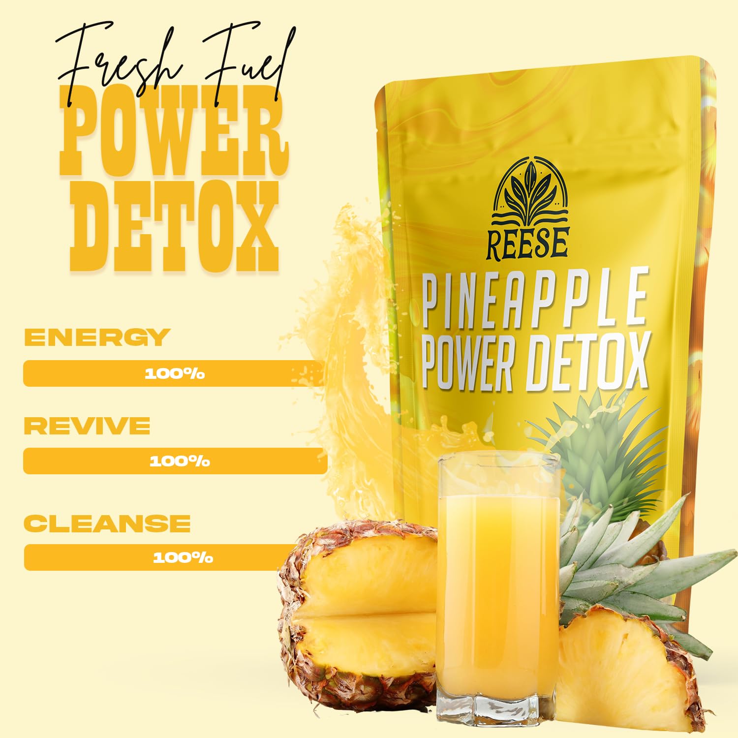 REESE Détox Ananas – versez dans un verre d eau pour une hydratation légère et parfumée.