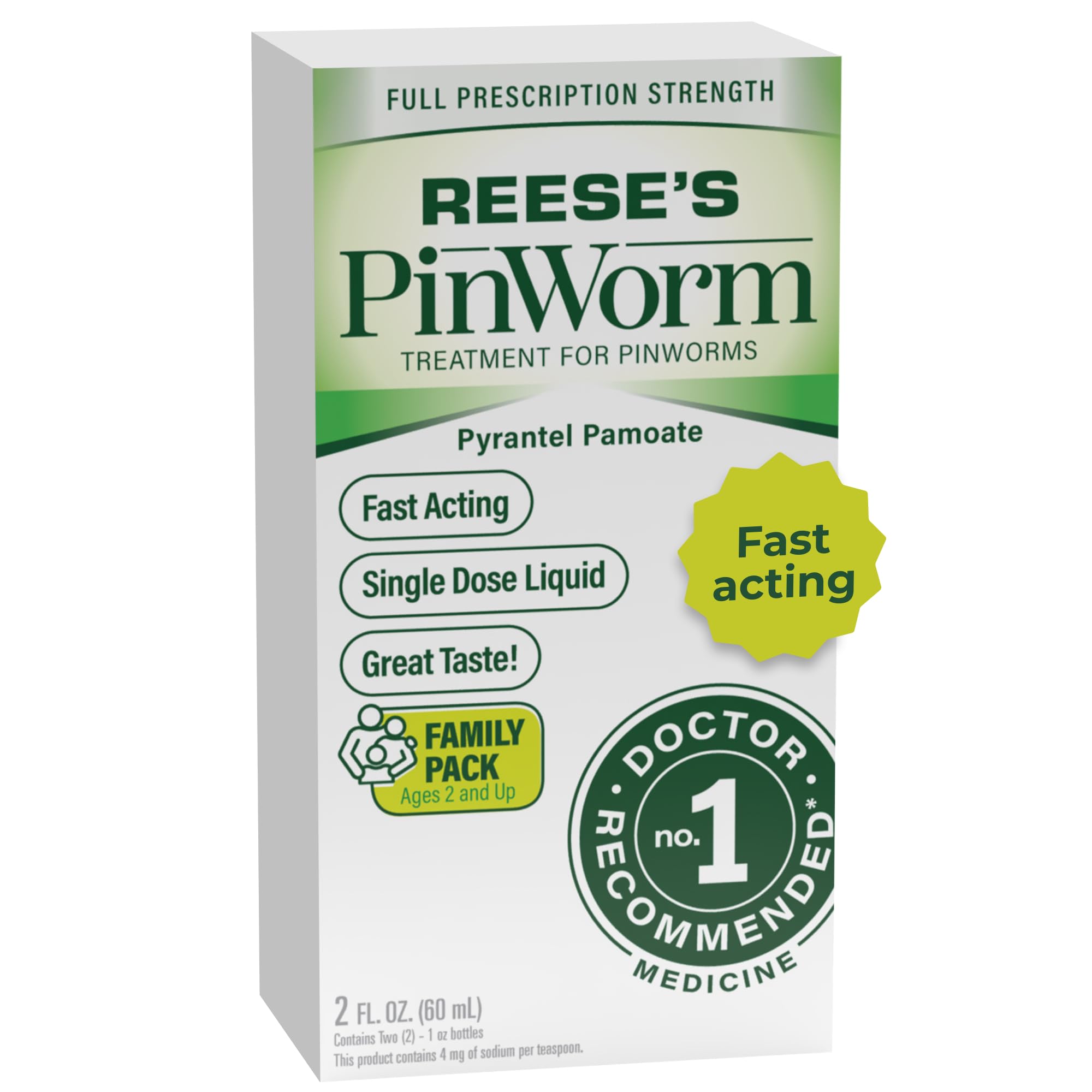 Médicament REESE'S PINWORM en bouteille 2 oz pour toute la famille, posologie simple.