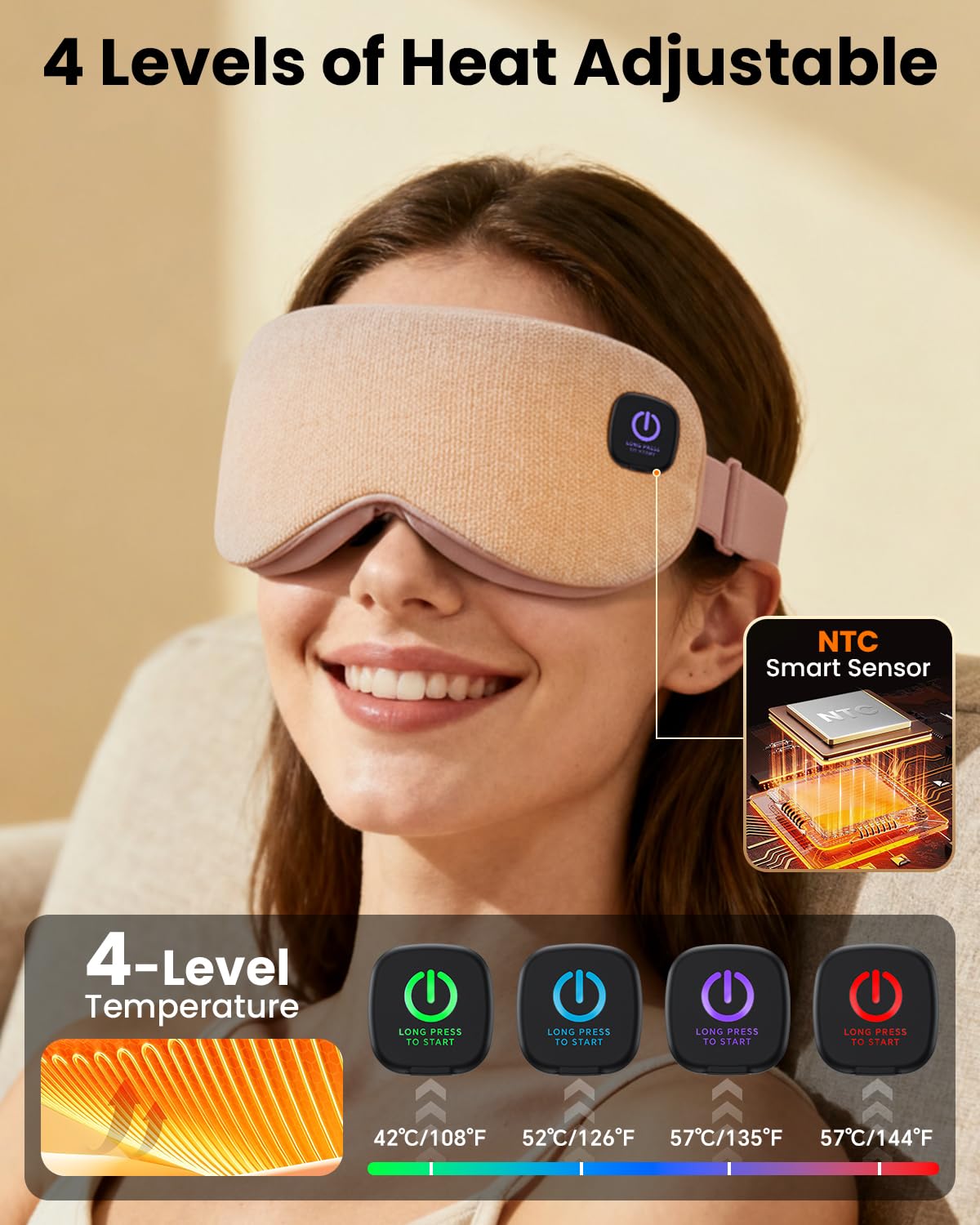 RefDAQ masque oculaire chauffant avec batterie 1500mAh, utilisation sans fil prolongée.