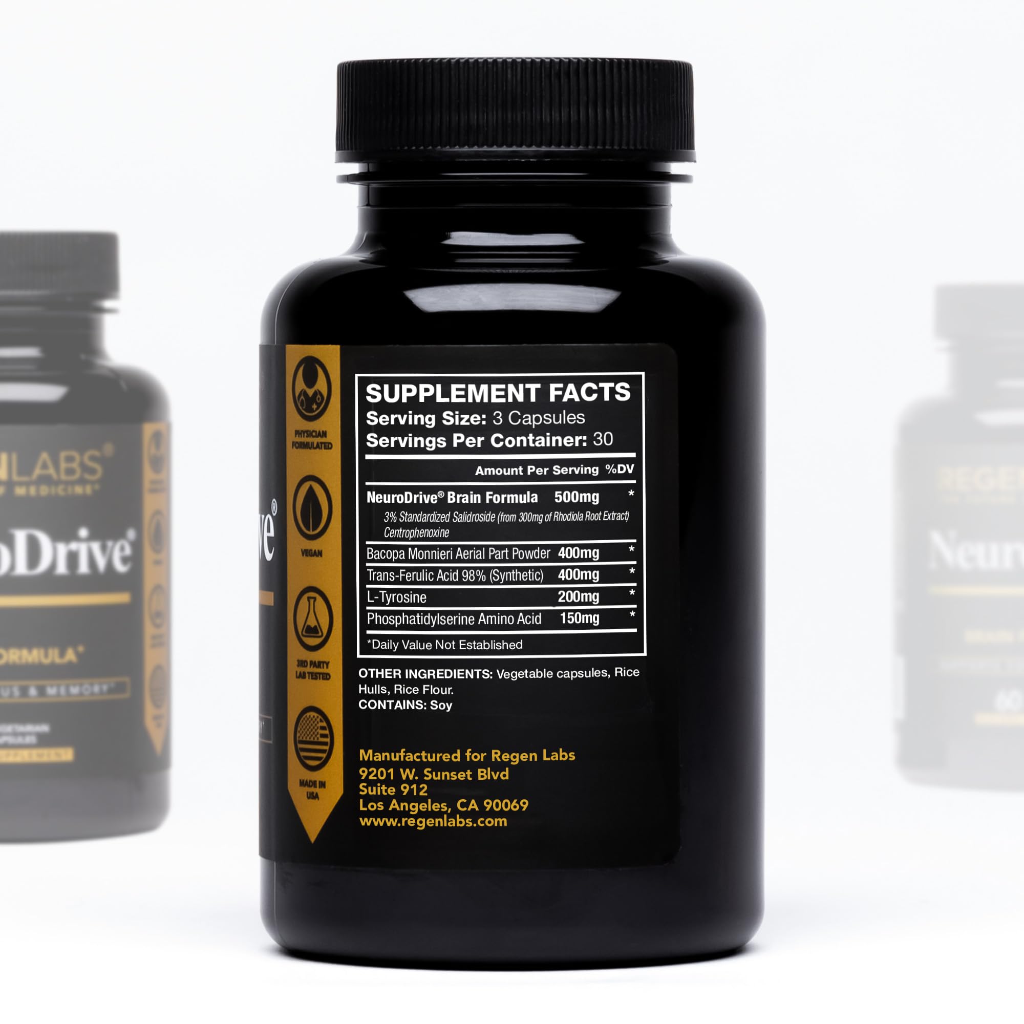 Regen Labs NeuroDrive, capsules en gros plan montrant leur texture neutre.