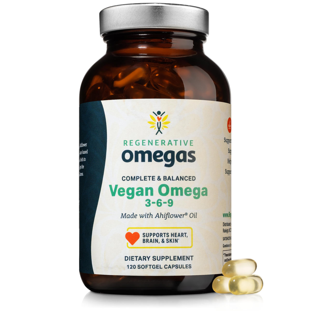 Ahiflower Regenerative Omegas : bouteille de gélules, source végétale d'acides gras.