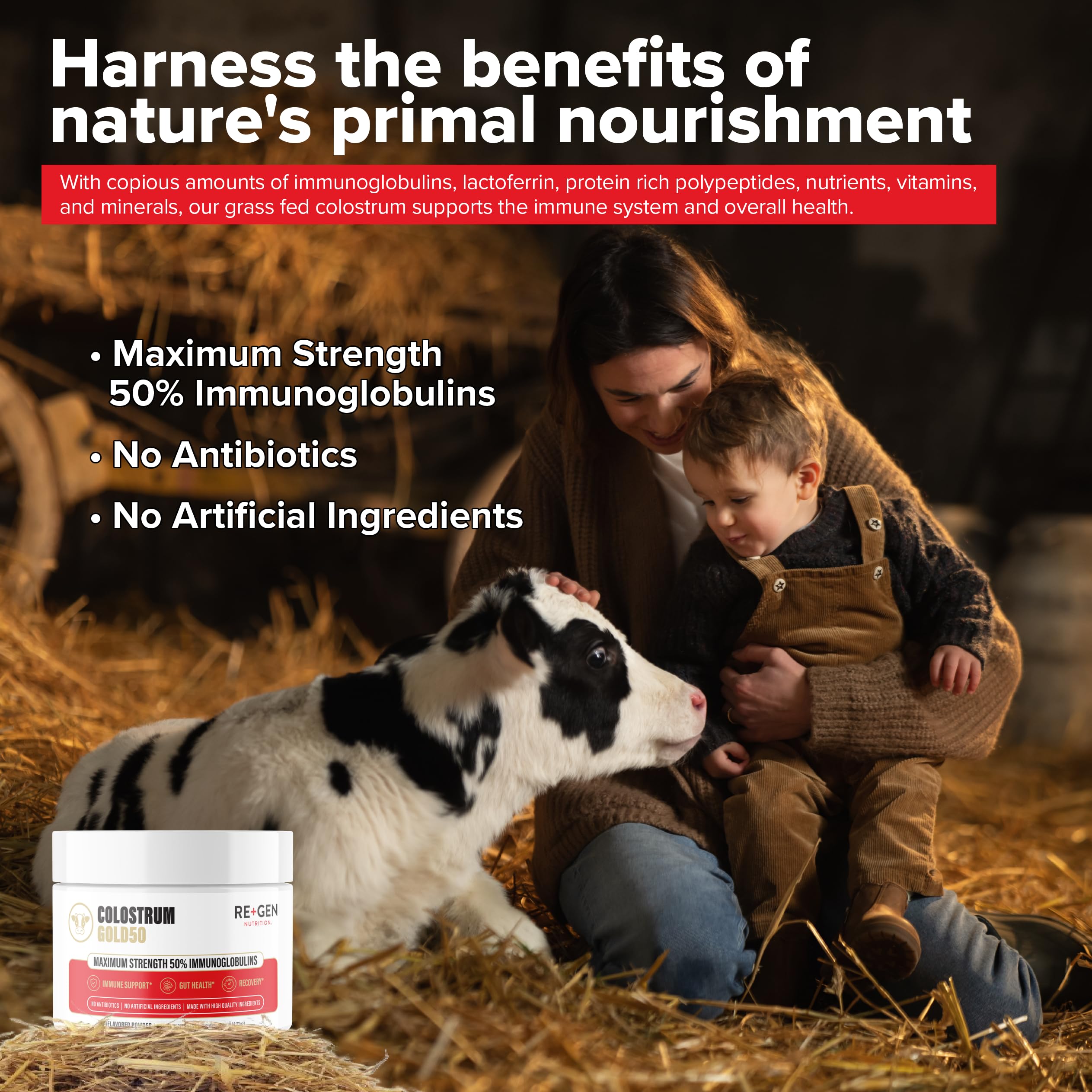Regengen Nutrition Colostrum Gold 50 - étiquette: dosage clair et informations essentielles.
