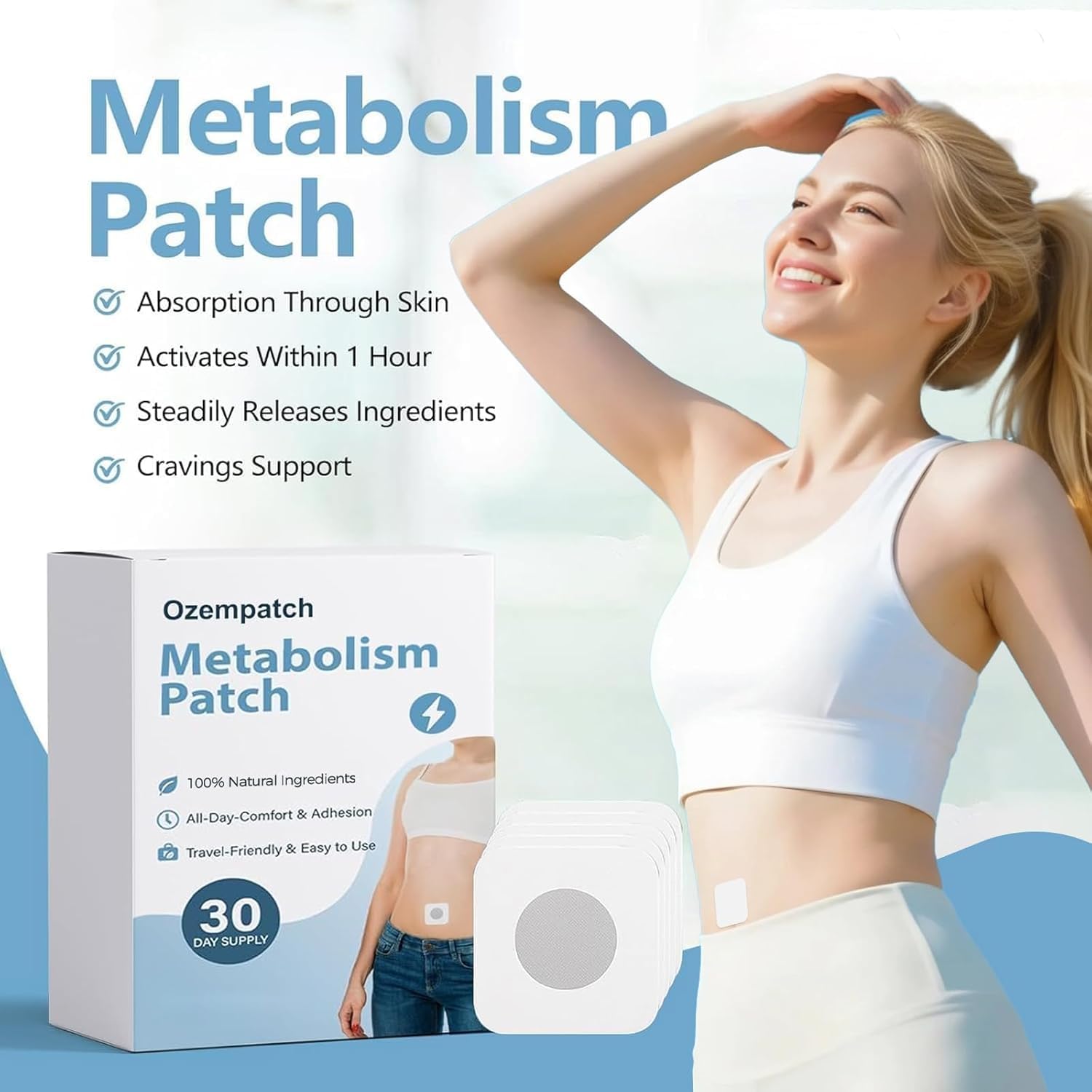 Patch nocturne RejuvaCare Ozempatch appliqué autour du nombril, discrétion assurée