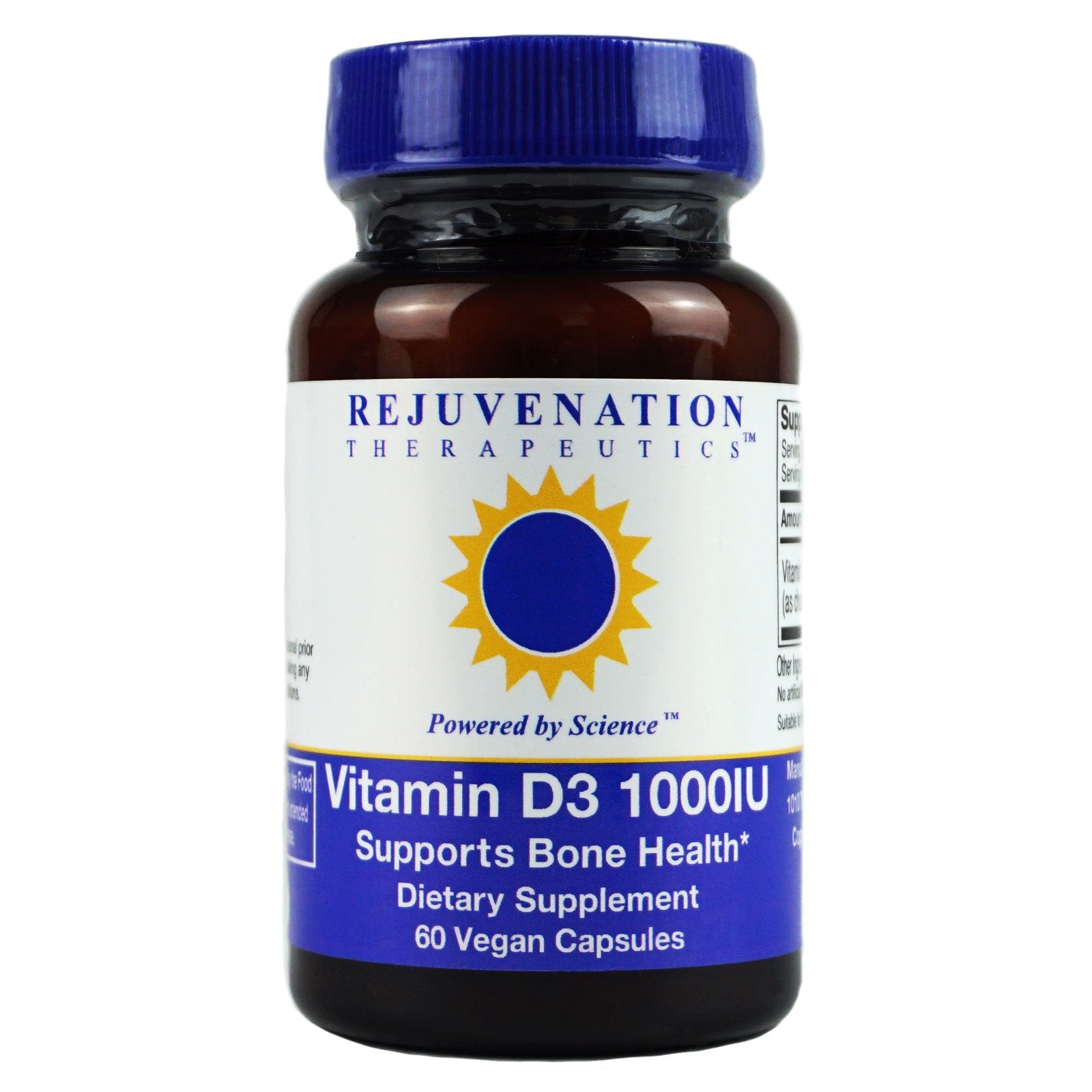 Rejuvenation Therapeutics Vitamine D3, bouteille véganes et gélules faciles à prendre
