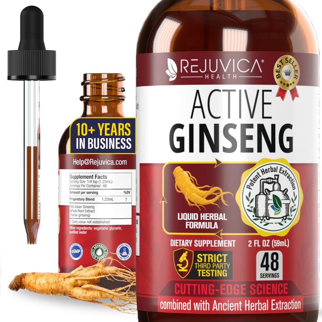 Rejuvica Health Active Ginseng — bouteille et compte-gouttes, énergie naturelle durable.