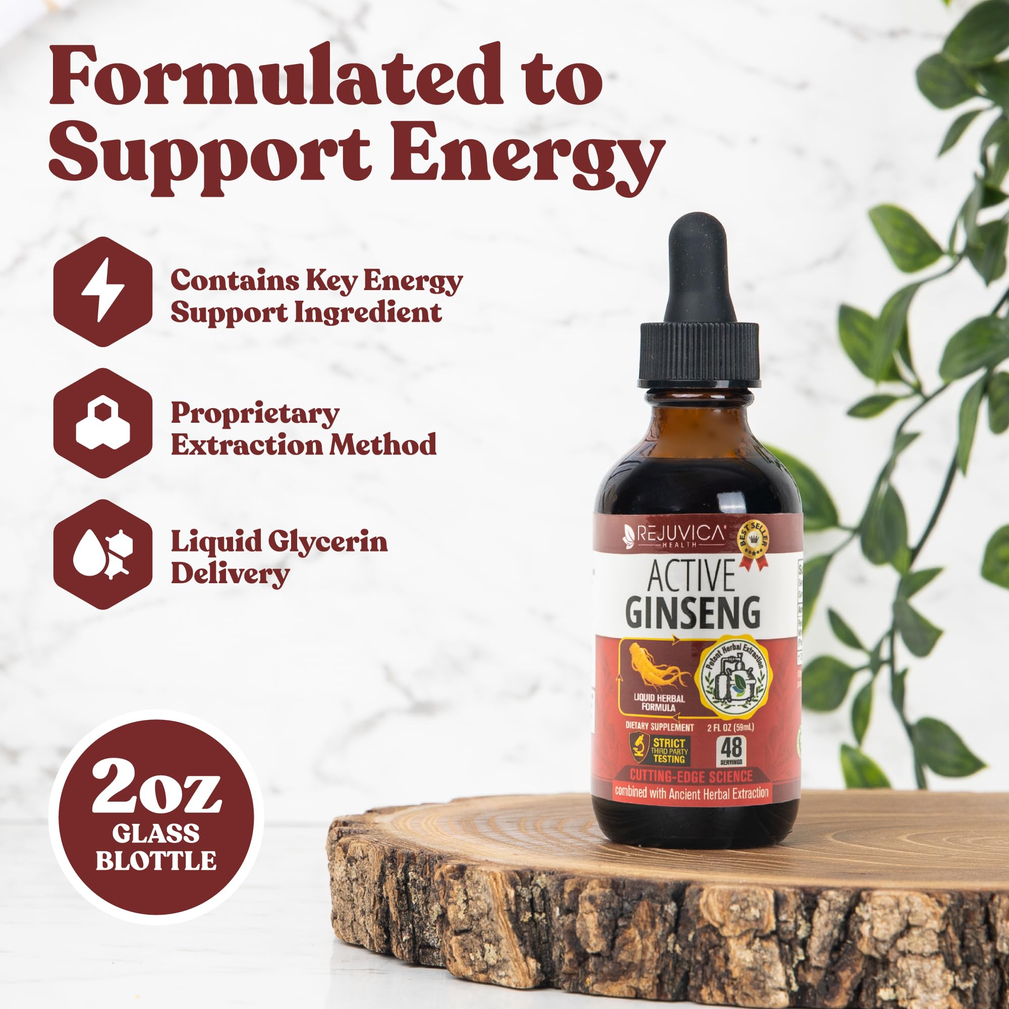 Rejuvica Health Active Ginseng, goutte sur langue, soutien d'énergie douce.