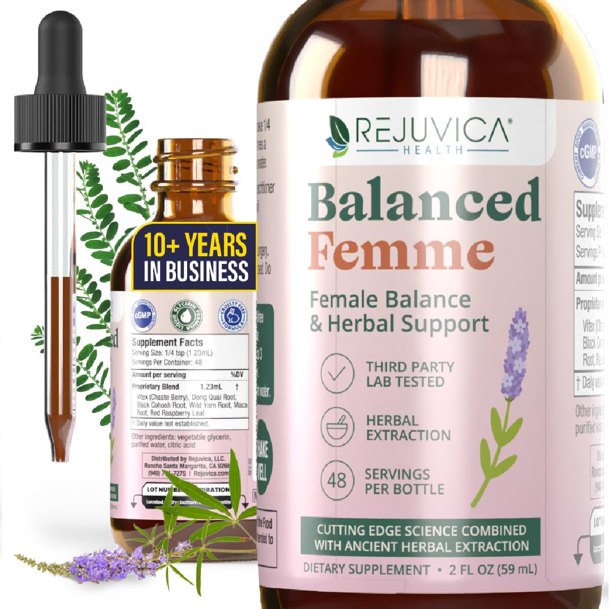 Rejuvica Health Balanced Femme, flacon goutte à goutte, dosage facile pour un soutien féminin quotidien.