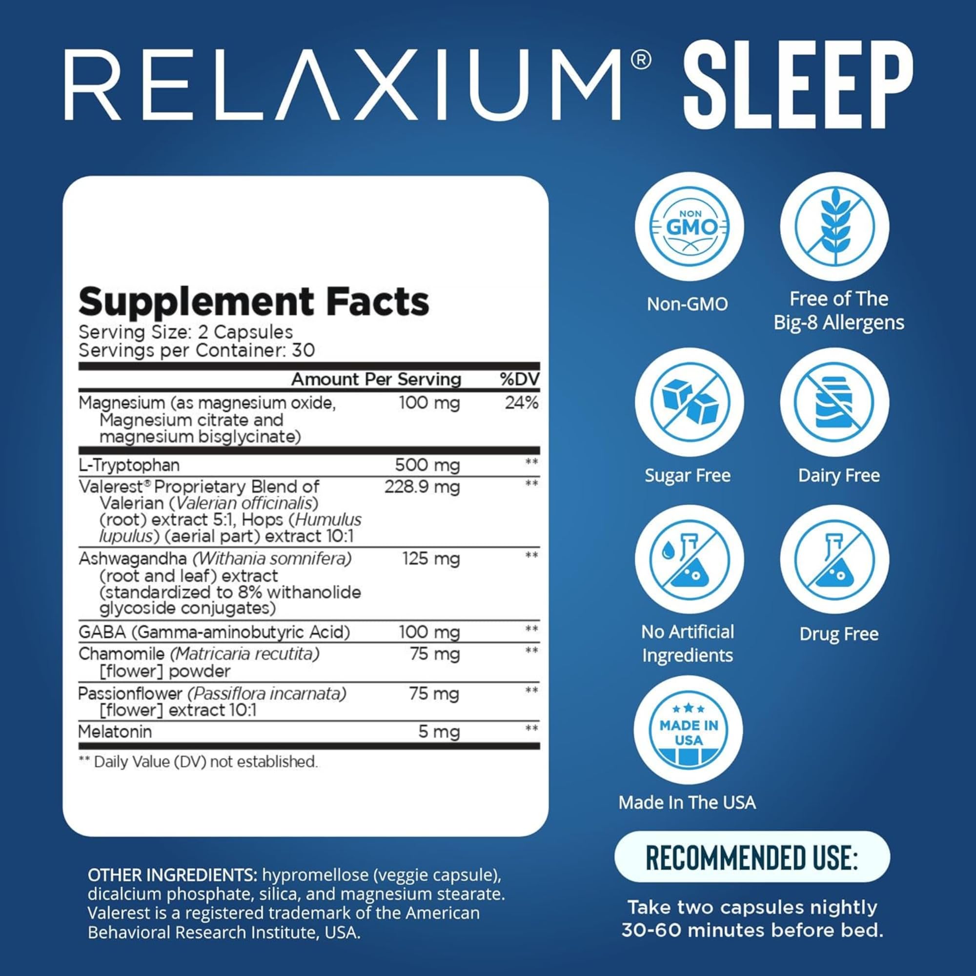 Étiquette Relaxium Sommeil affichant les ingrédients clés et les valeurs nutritionnelles.