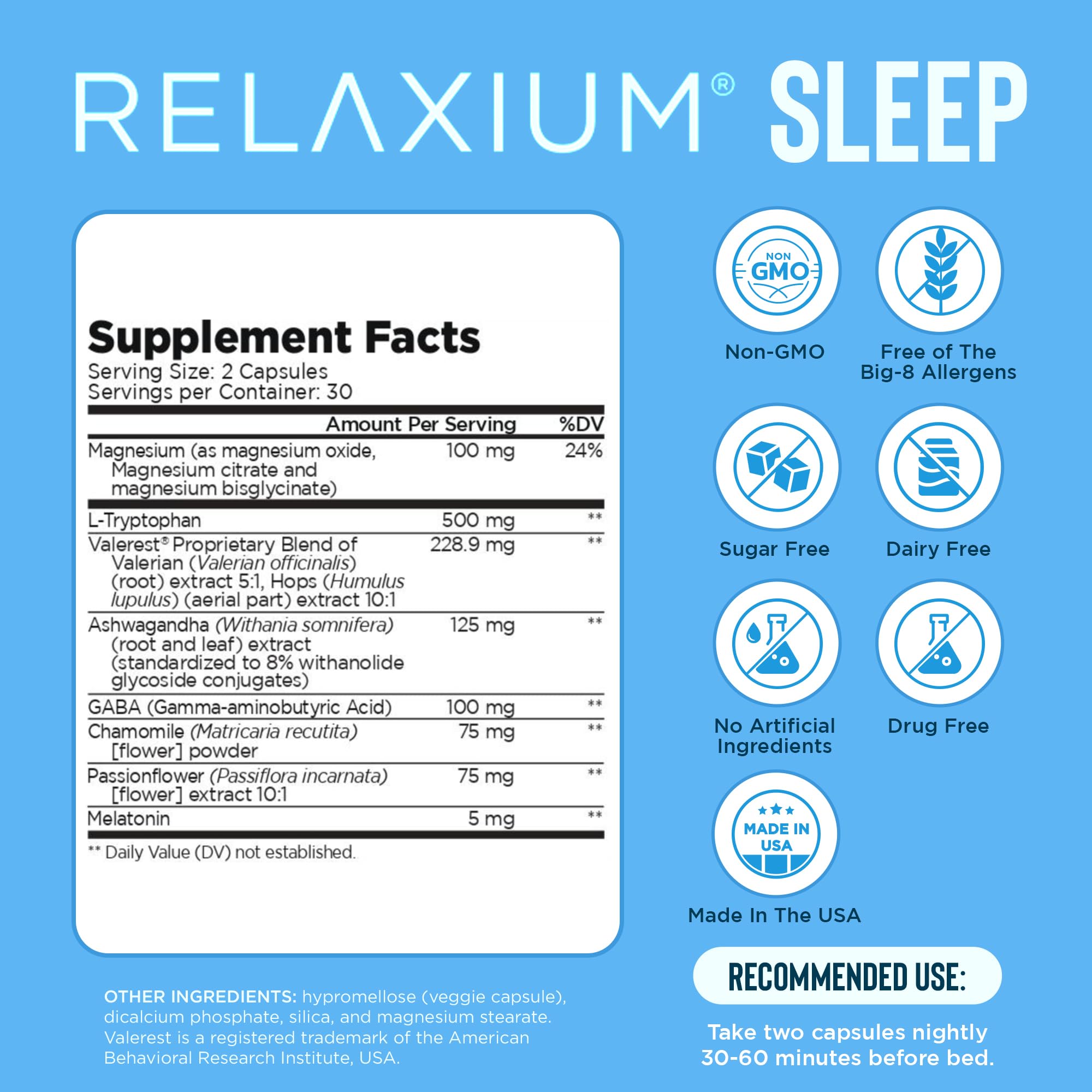 Relaxium Sommeil ingrédients Valerest, formulation propriétaire pour favoriser l’endormissement.