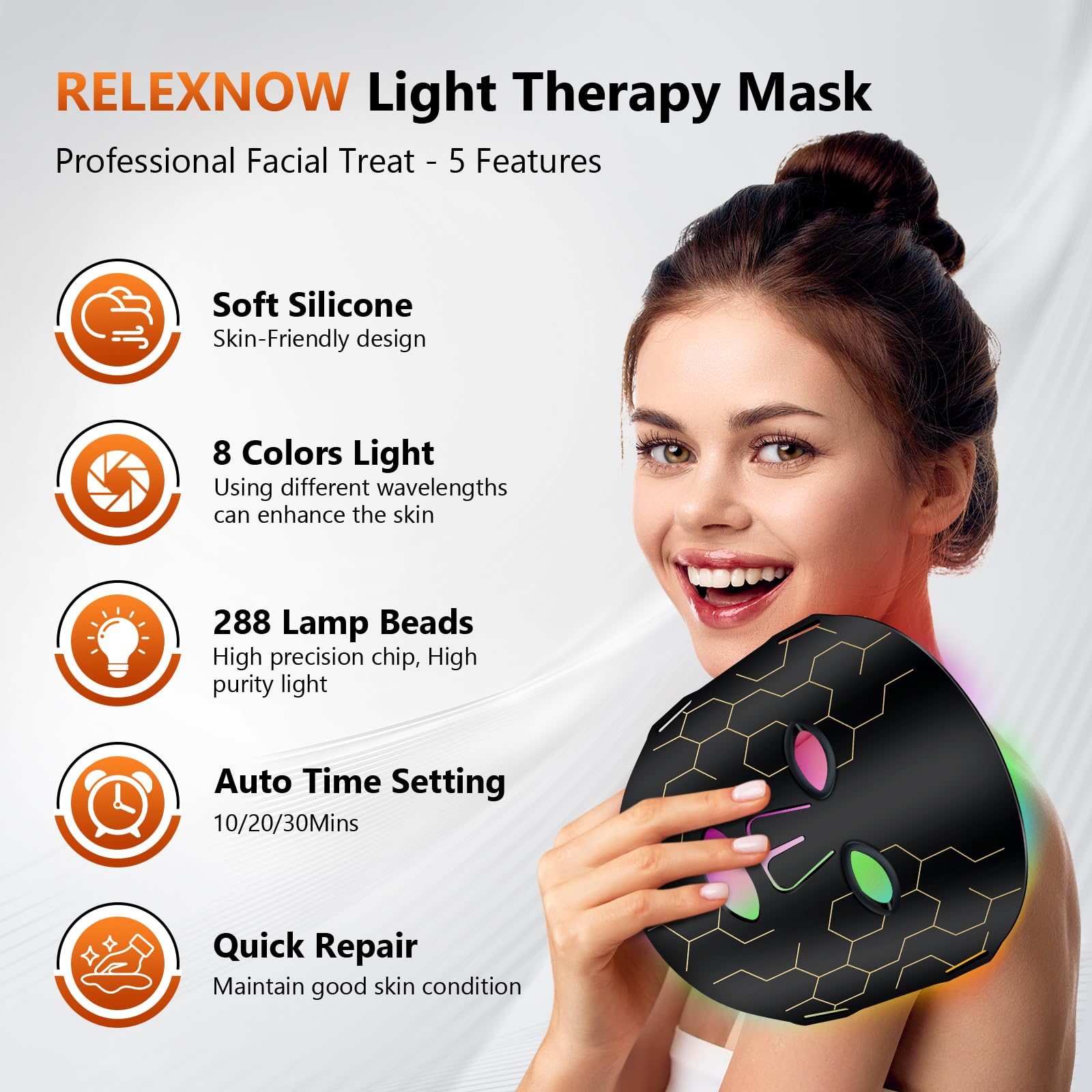 RELEXNOW masque LED 288 perles, couverture visage uniforme