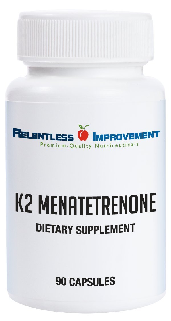 Relentless Improvement Vitamin K2 MK4, bouteille visible, soutien potentiel des os dans une routine quotidienne.