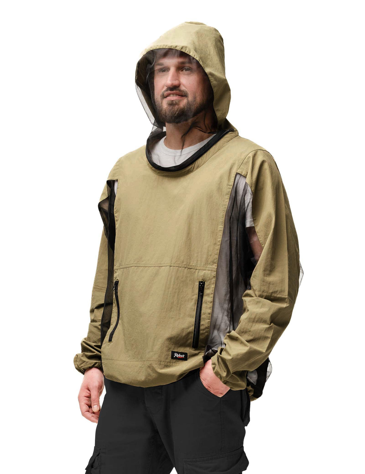 Veste moustiquaire Relexit khaki, capuche ajustable pour protection personnalisée en plein air.