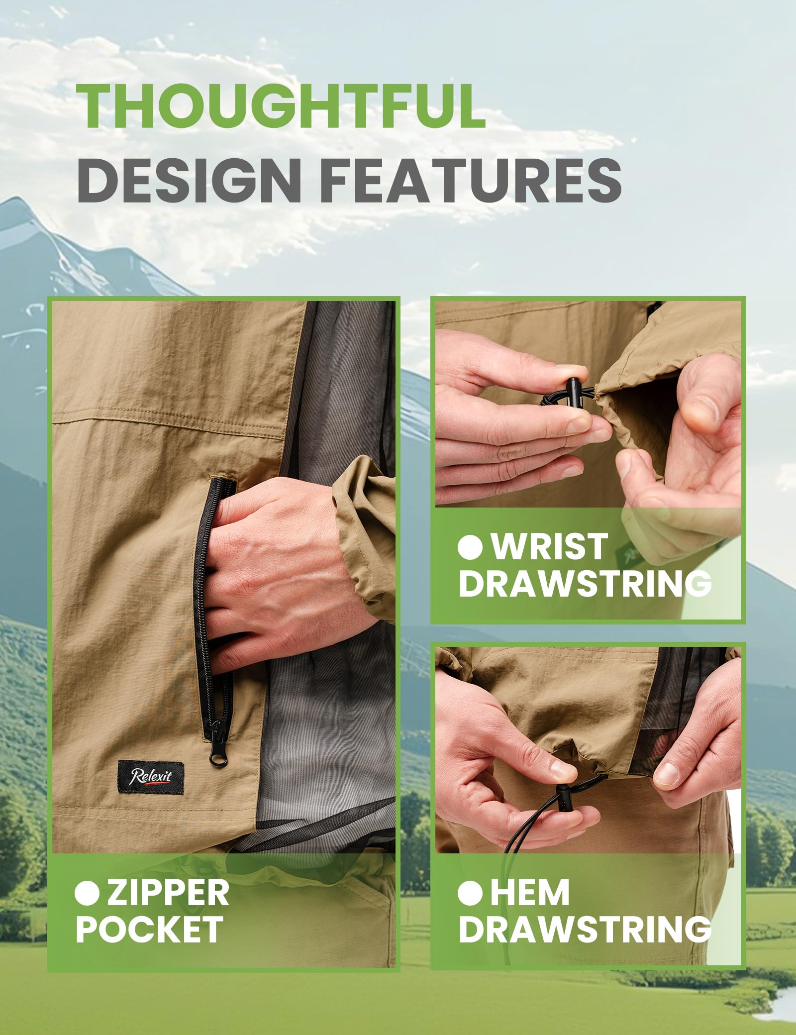 Veste moustiquaire Relexit khaki pour camouflage discret et confort.