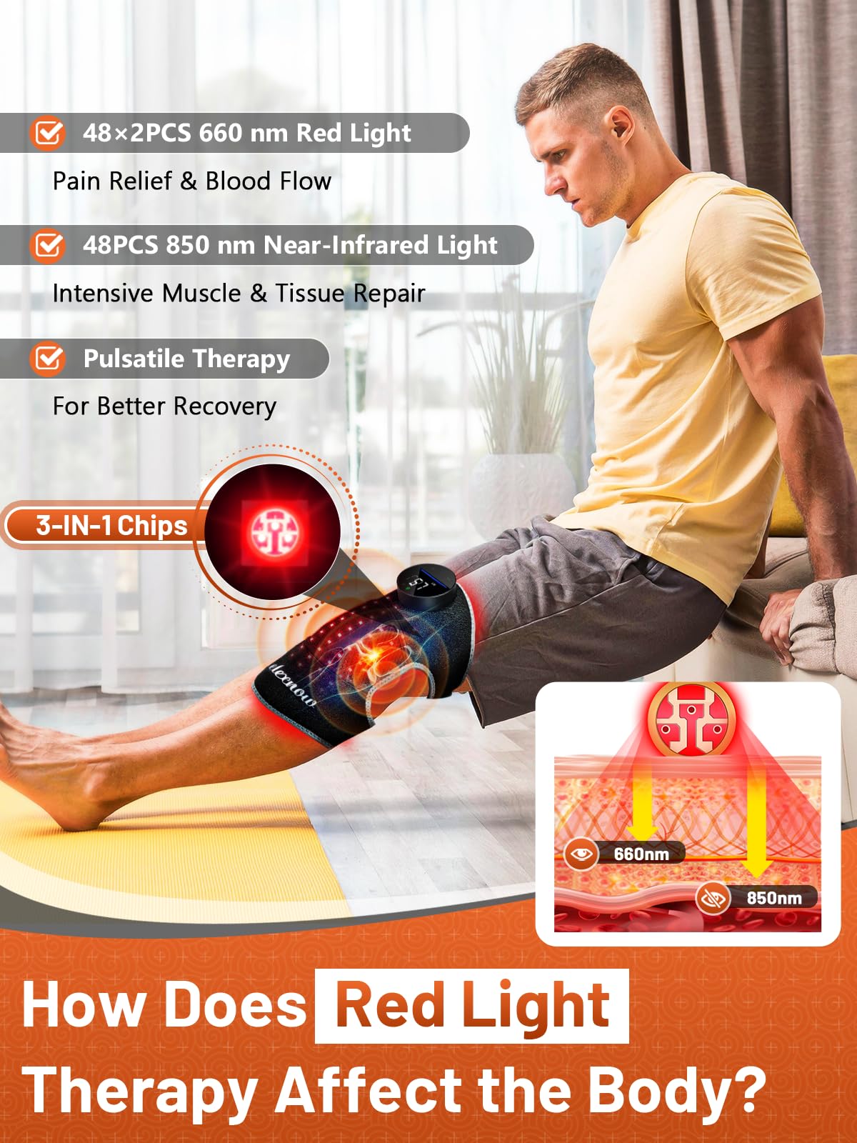 RELEXNOW genou lumière-rouge 660-850 nm pour le confort musculaire.