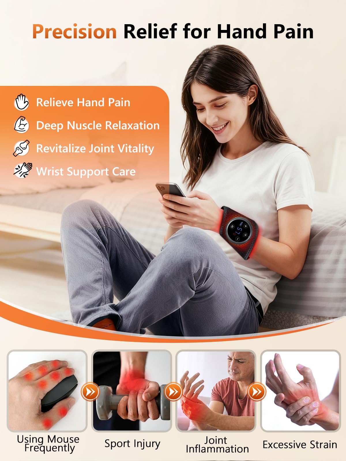 RELEXNOW poignet massage mode — cinq niveaux pour les tensions