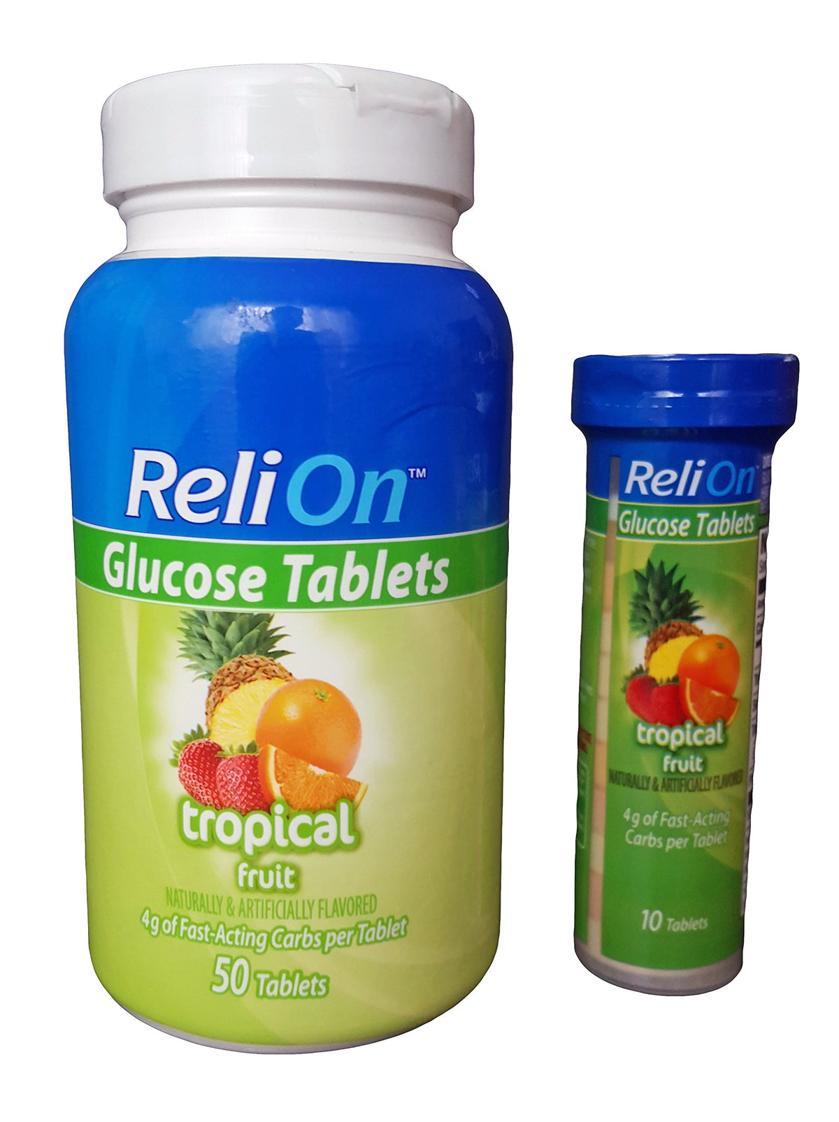Reli On glucose : pastilles fruit tropical dans tube portable, pratique lors de déplacements.