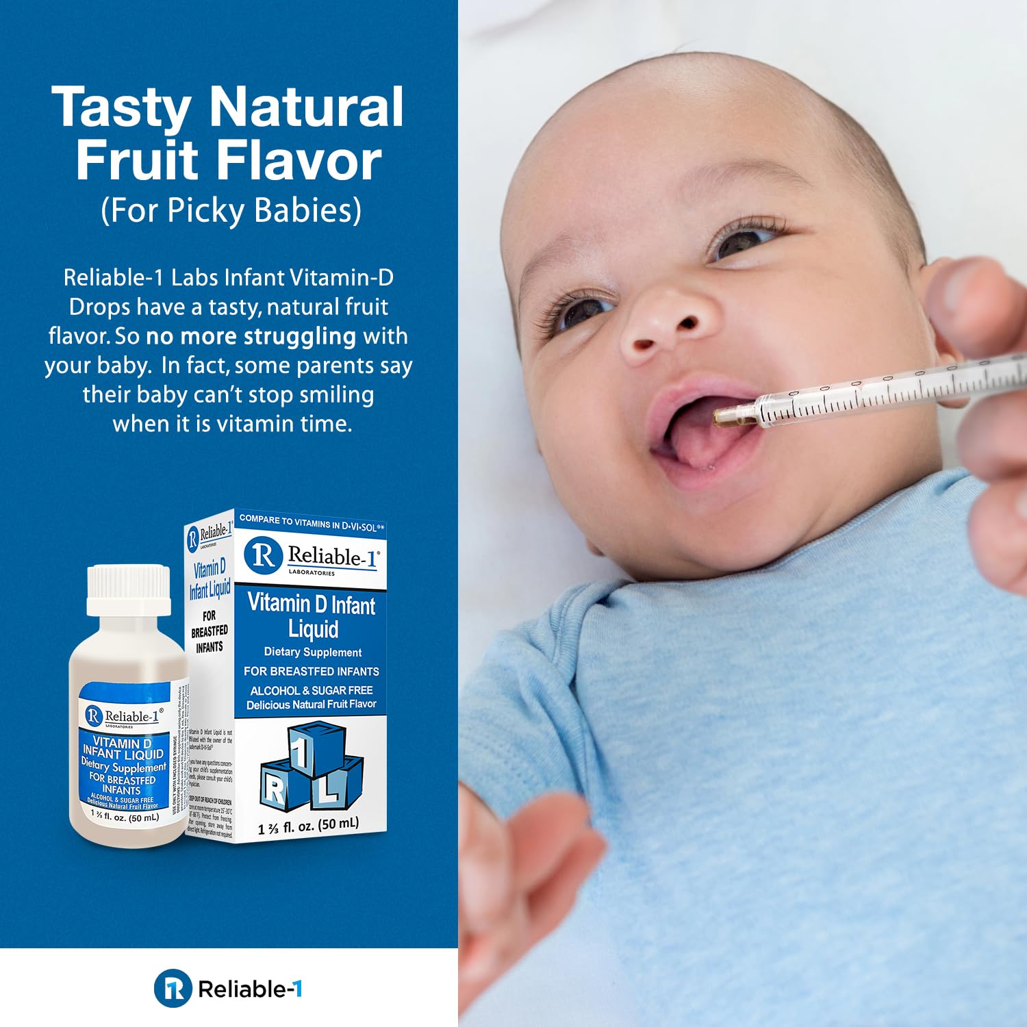 Gouttes Vitamine D Reliable-1 sans sucre, formulation légère adaptée aux tout-petits