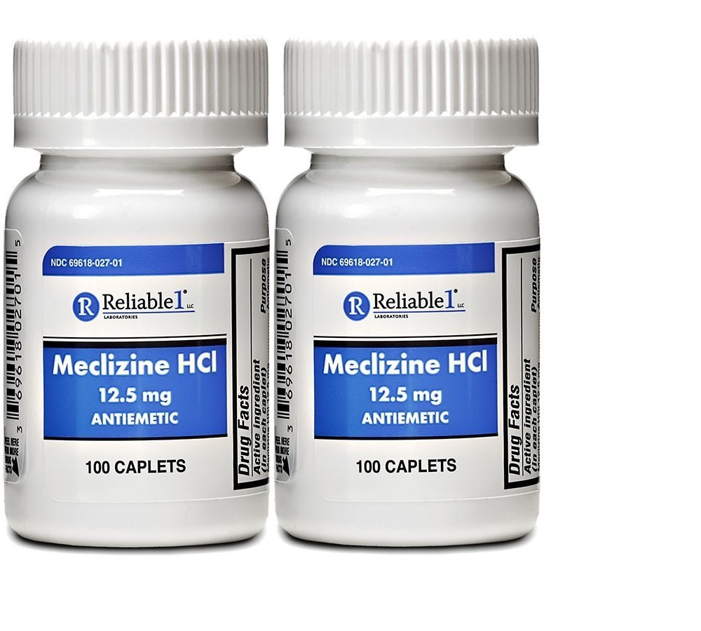 Reliable-1 Laboratories Meclizine 12,5 mg – boîte montrant l'emballage, utilisation potentielle pour le mal des transports