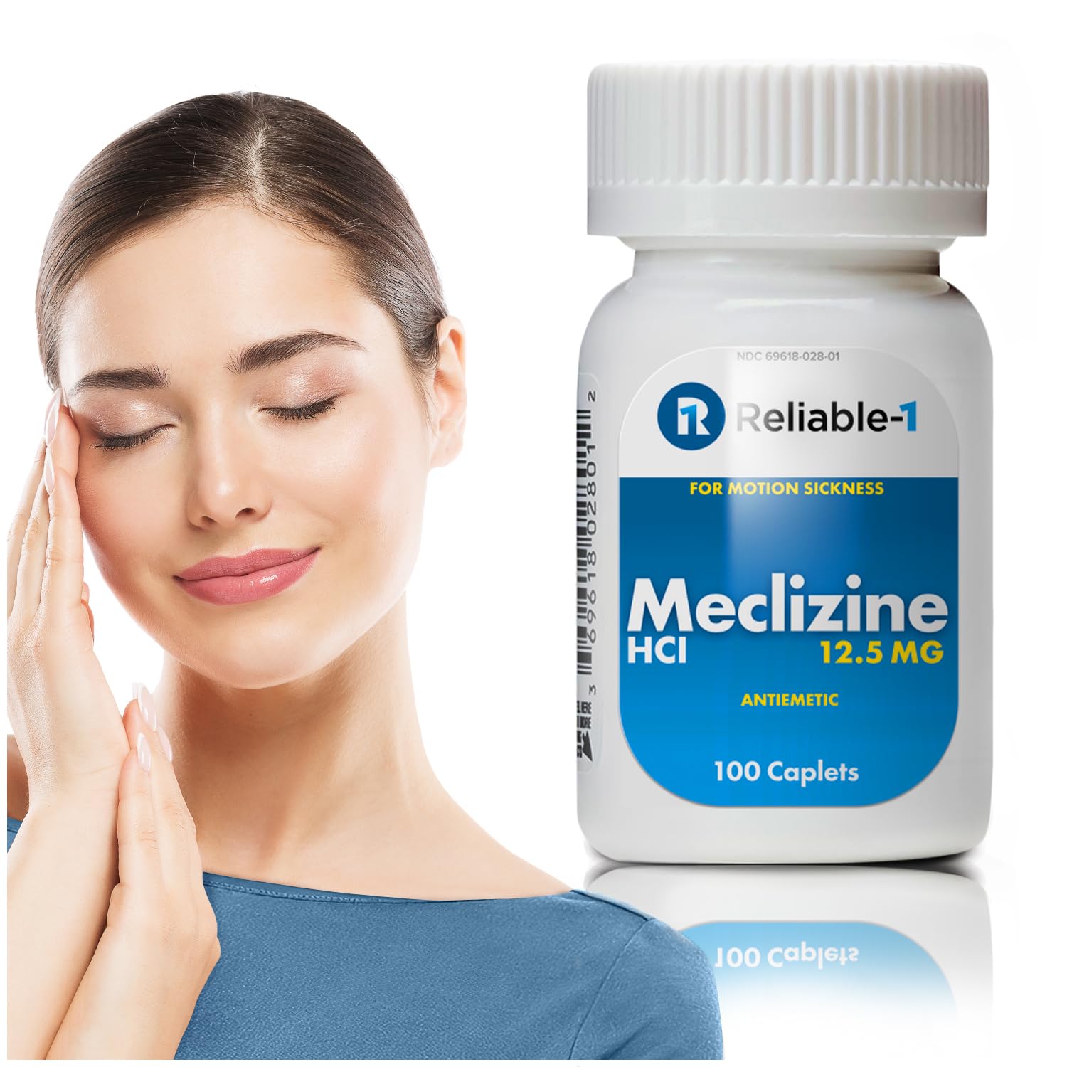 Bouteille Reliable-1 Laboratories Meclizine Caplets prête pour les déplacements et voyages
