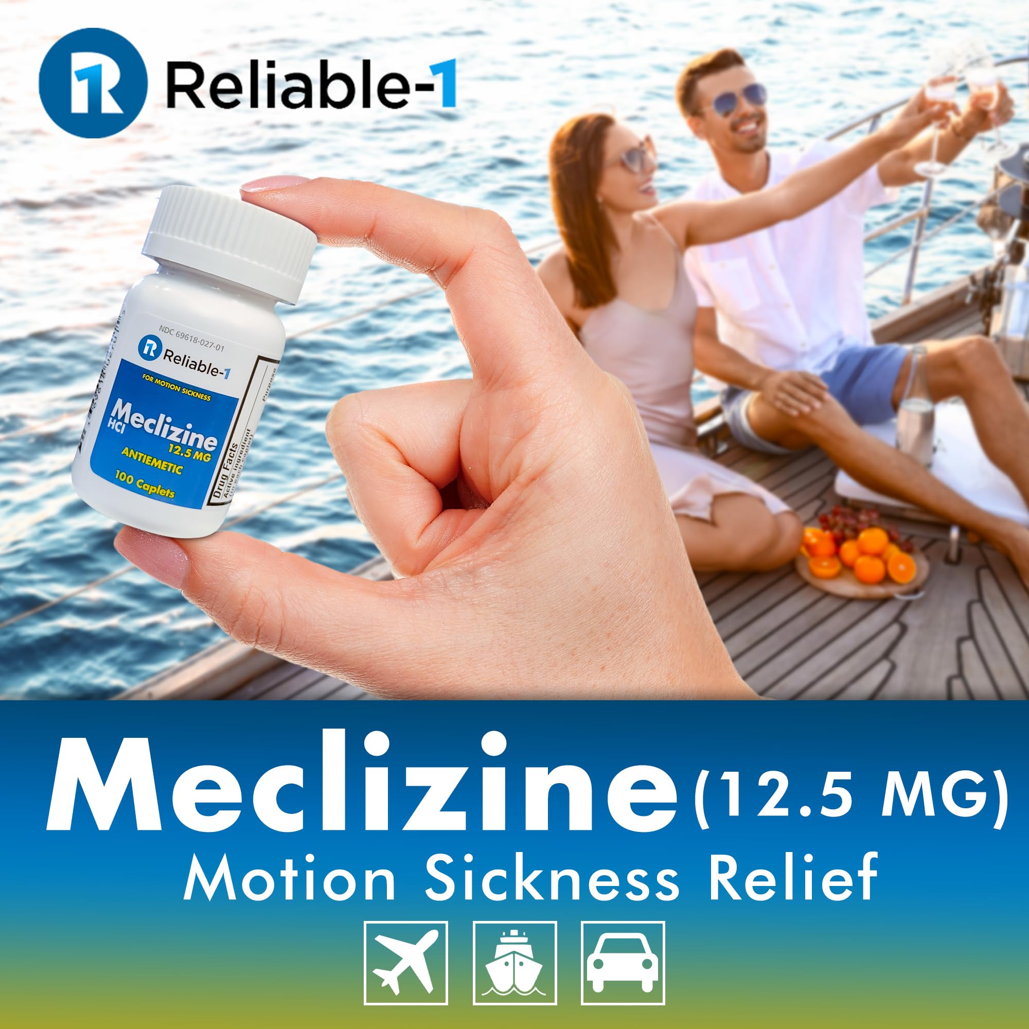 Étiquette Reliable-1 Meclizine Caplets avec informations claires et dosage pratique