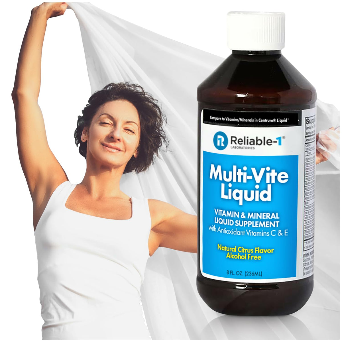 Reliable-1 Laboratories Multi-Vite : bouteille ouverte prête à verser une dose quotidienne pour l'énergie.