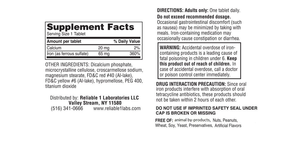 Reliable-1 Laboratories: tablettes rouges filmées avec sulfate de fer, faciles à avaler.