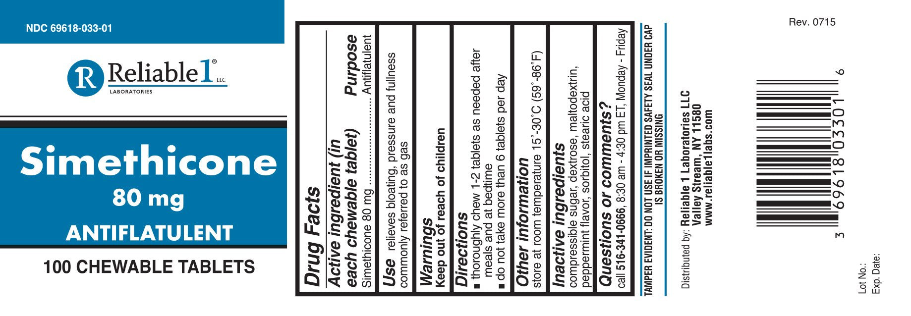 Emballage Reliable Simethicone menthe montrant les pastilles et son arôme frais.