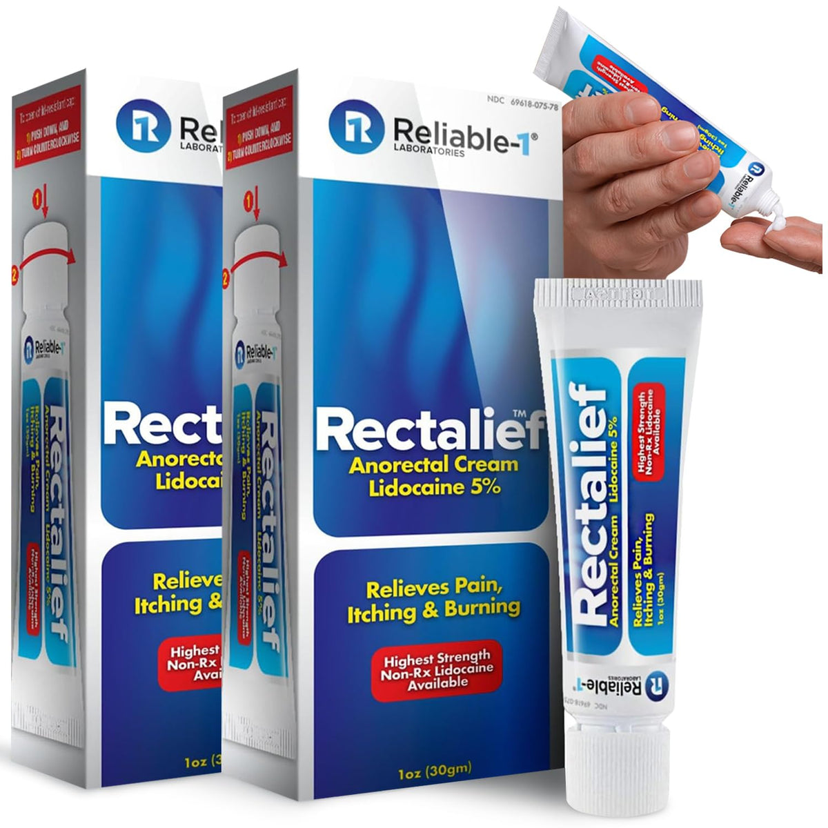 Reliable-1 Rectalief emballage clair montrant le dosage et les instructions.