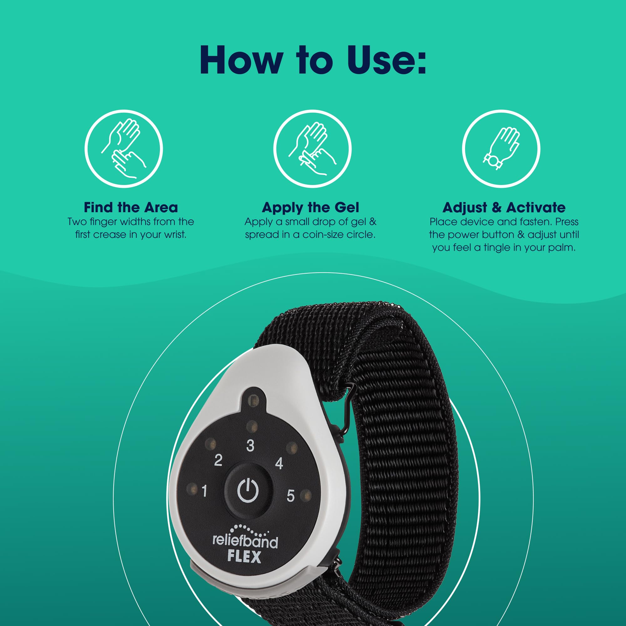 Confort quotidien avec Reliefband Flex porté au poignet.