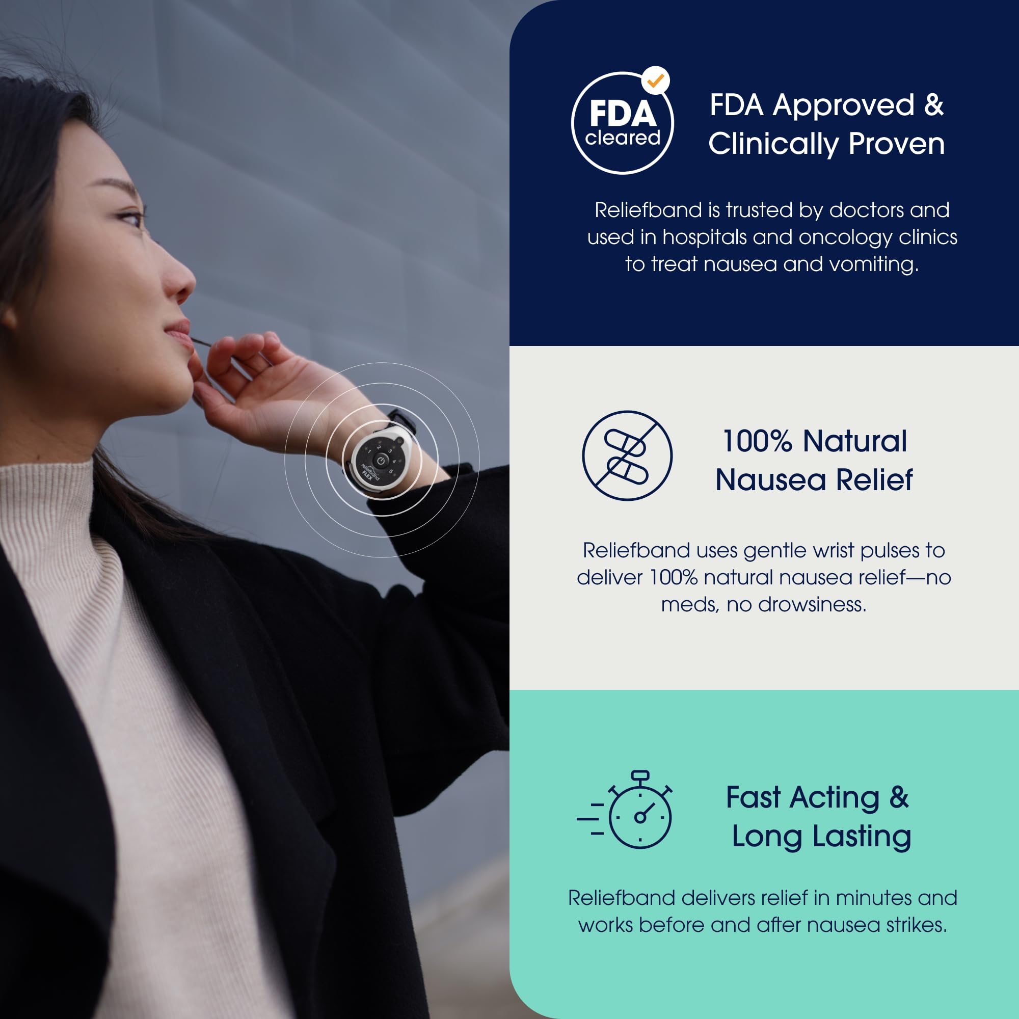 Reliefband Flex FDA-approuvé, solution sans médicament pour nausées.