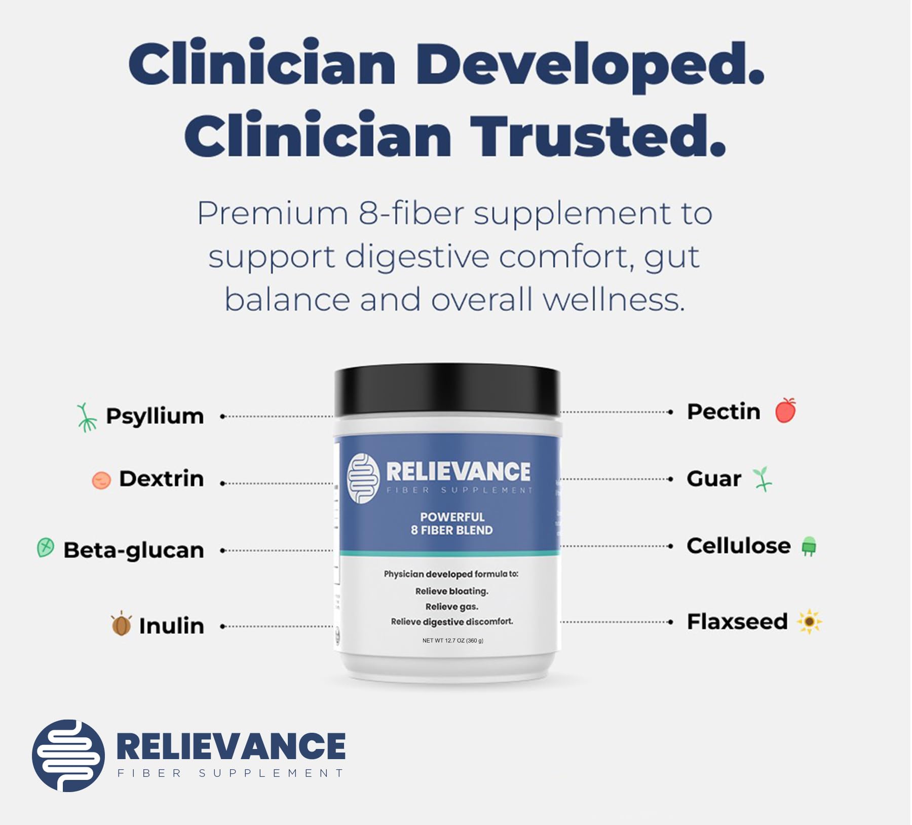 Relievance Fibre 8-Fibres, étiquette: présentation claire sans additifs artificiels.