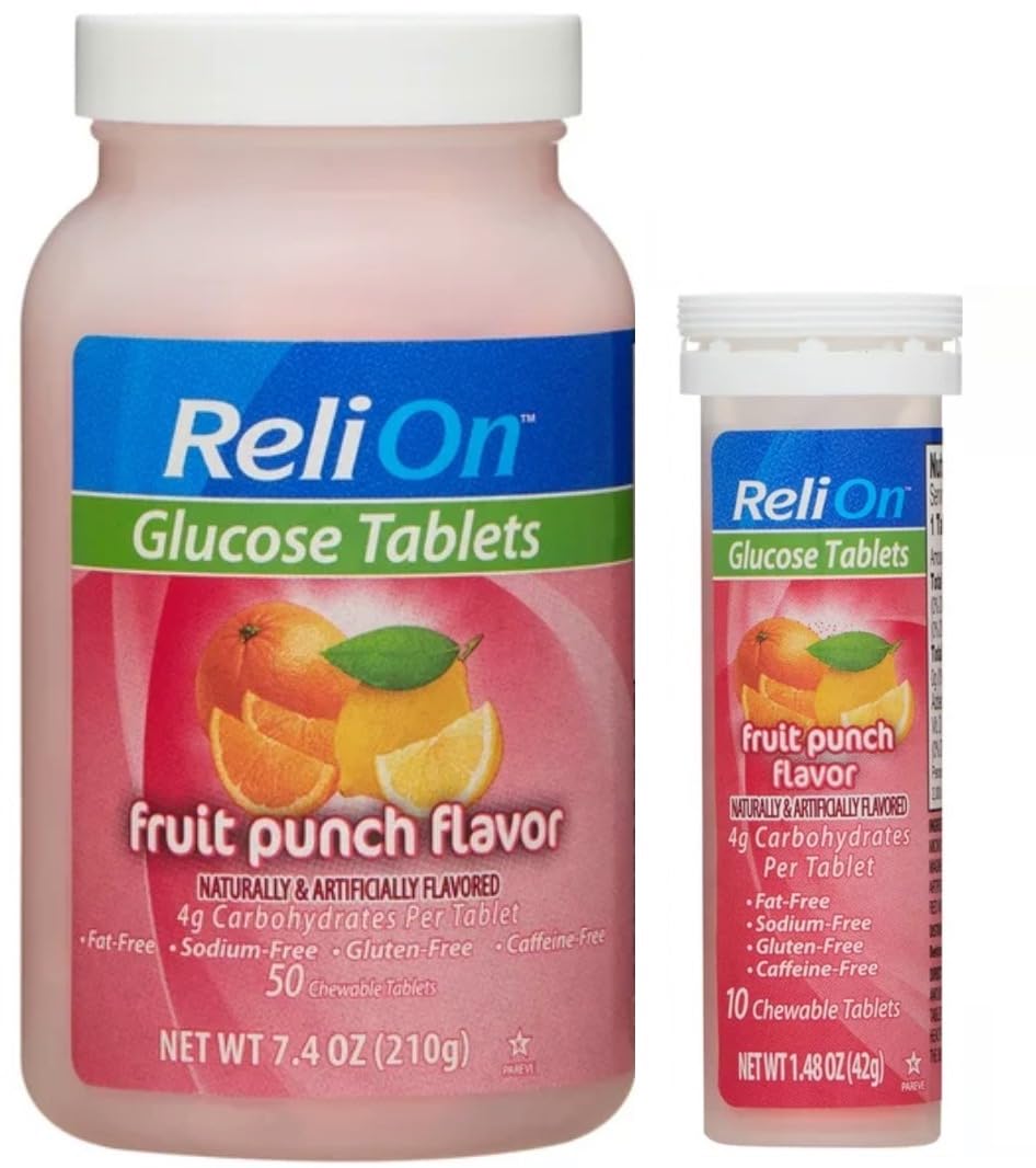 ReliOn Glucose – bouteille portable de 50 comprimés, pratique pour vos déplacements.
