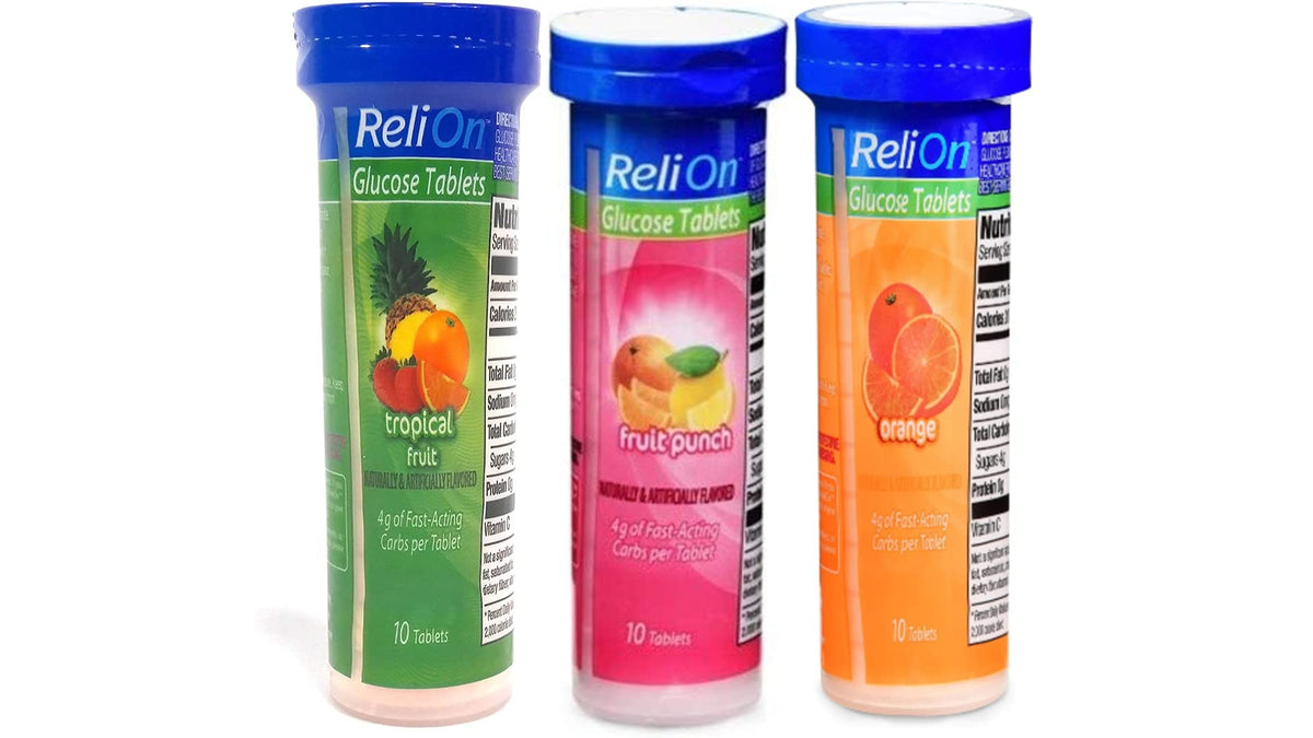 Relion comprimés de glucose orange, tube pratique, regain d'énergie rapide.