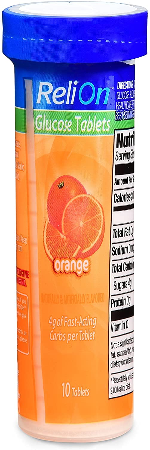 Relion comprimés de glucose punch aux fruits, tube compact pour énergie ponctuelle.