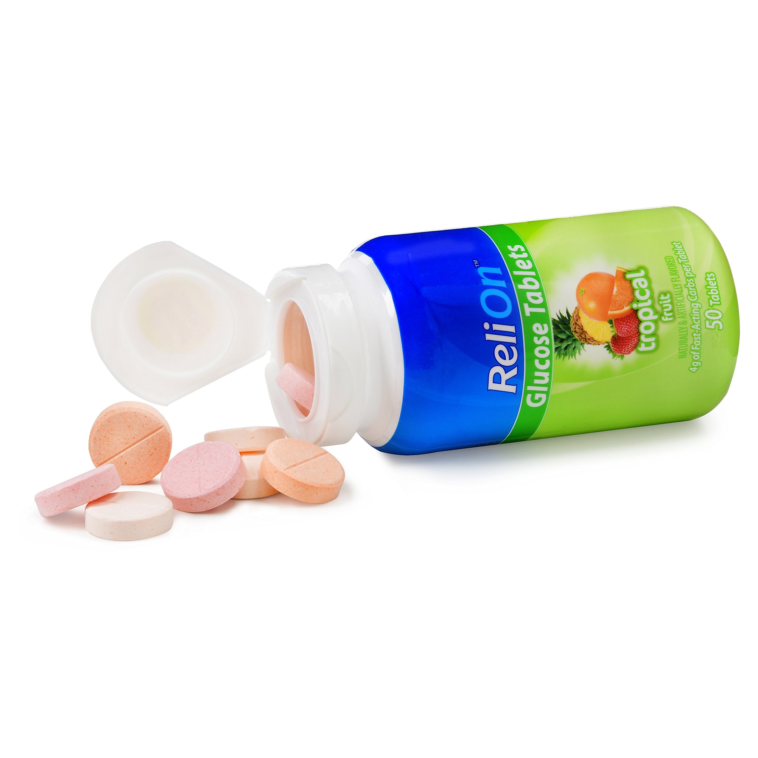 Relion tablettes glucose, présentation d'emballage et étiquette.