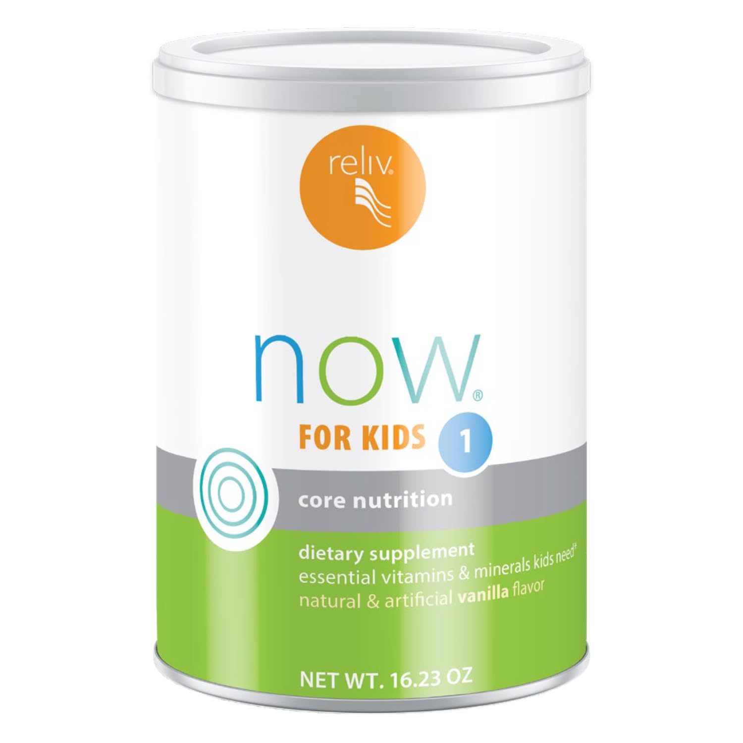 RELIV Now pour enfants vanille : bouteille affichant une formule à faible sucre.