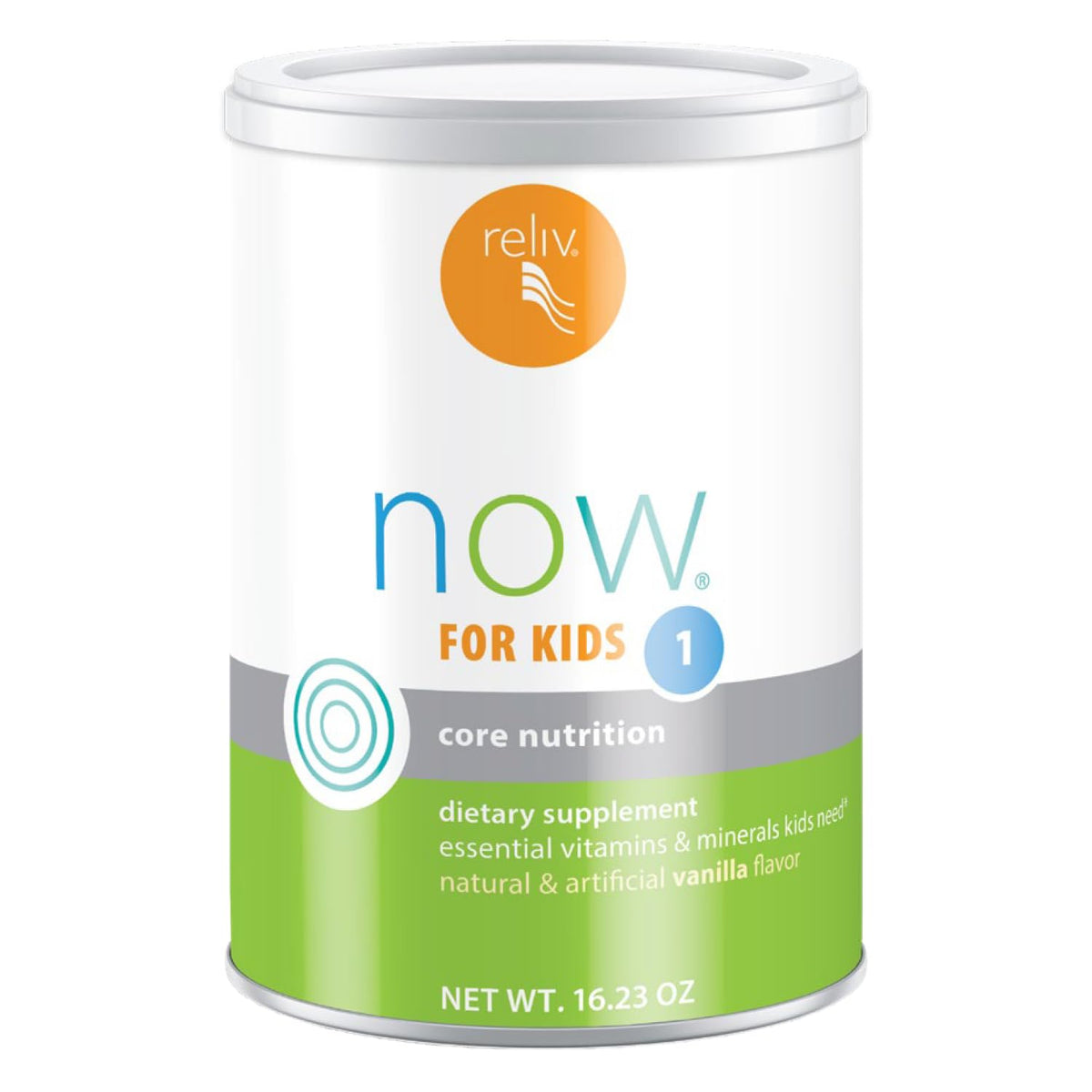 RELIV Now pour enfants vanille : bouteille affichant une formule à faible sucre.