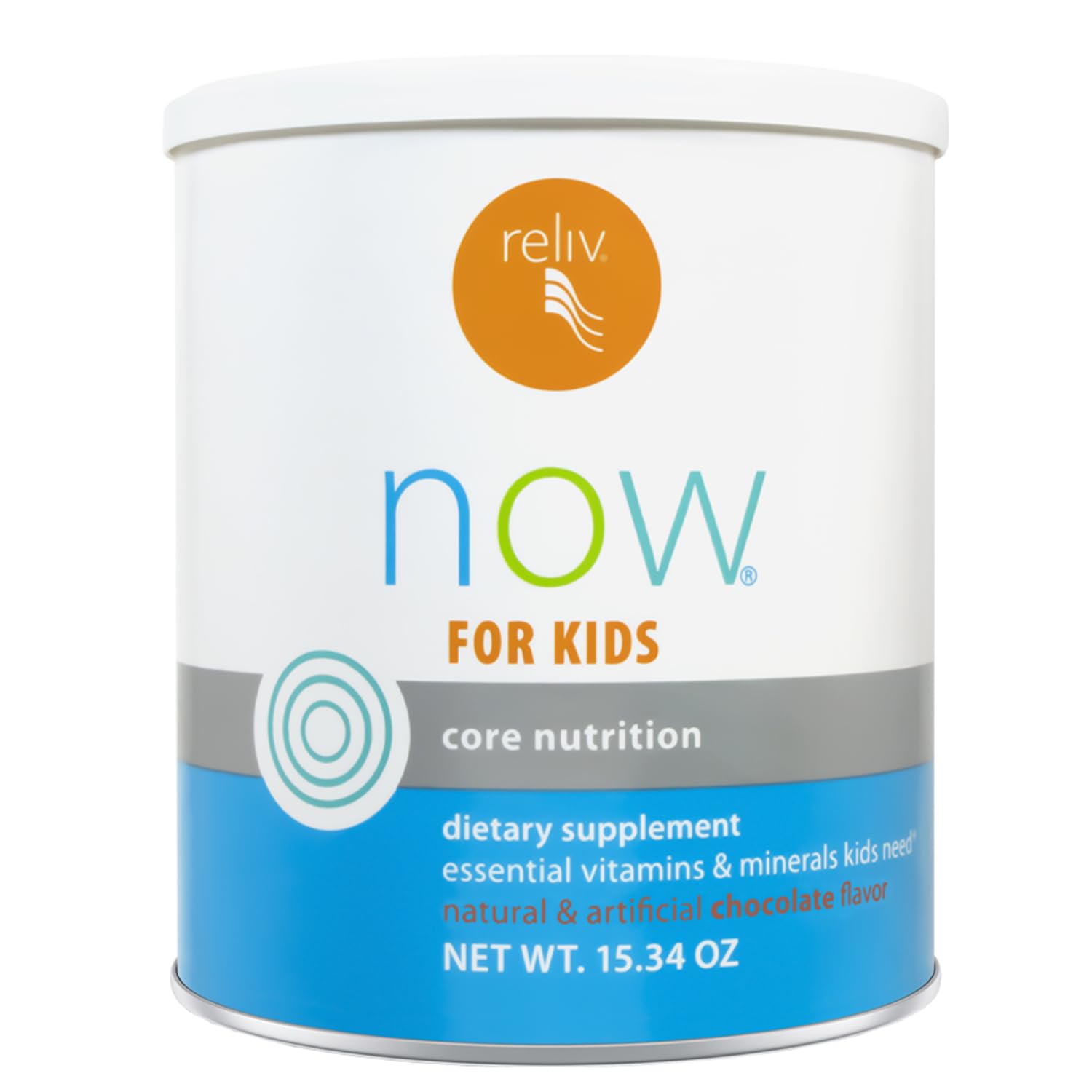 RELIV Now pour Enfants Chocolat — bouteille et doseur, préparation rapide.