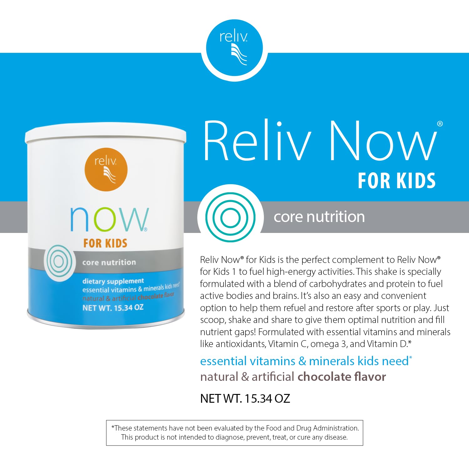RELIV Now pour Enfants Chocolat — cuillère-dose pratique pour préparer le shake.