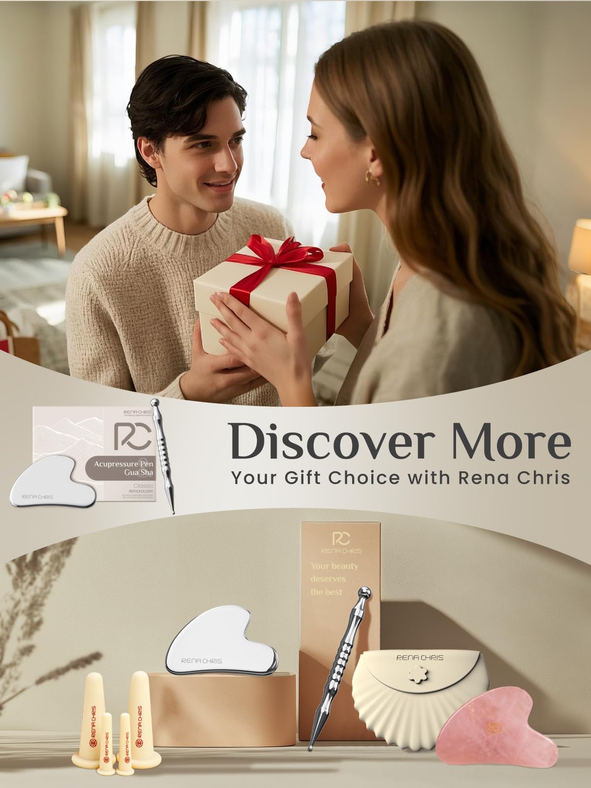 Coffret cadeau Rena Chris prêt à offrir dans une boîte chic.