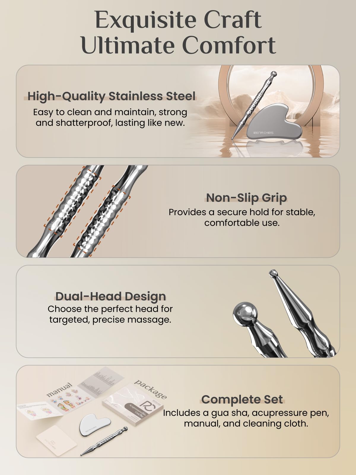 Coffret élégant Rena Chris contenant stylo et gua sha en inox.
