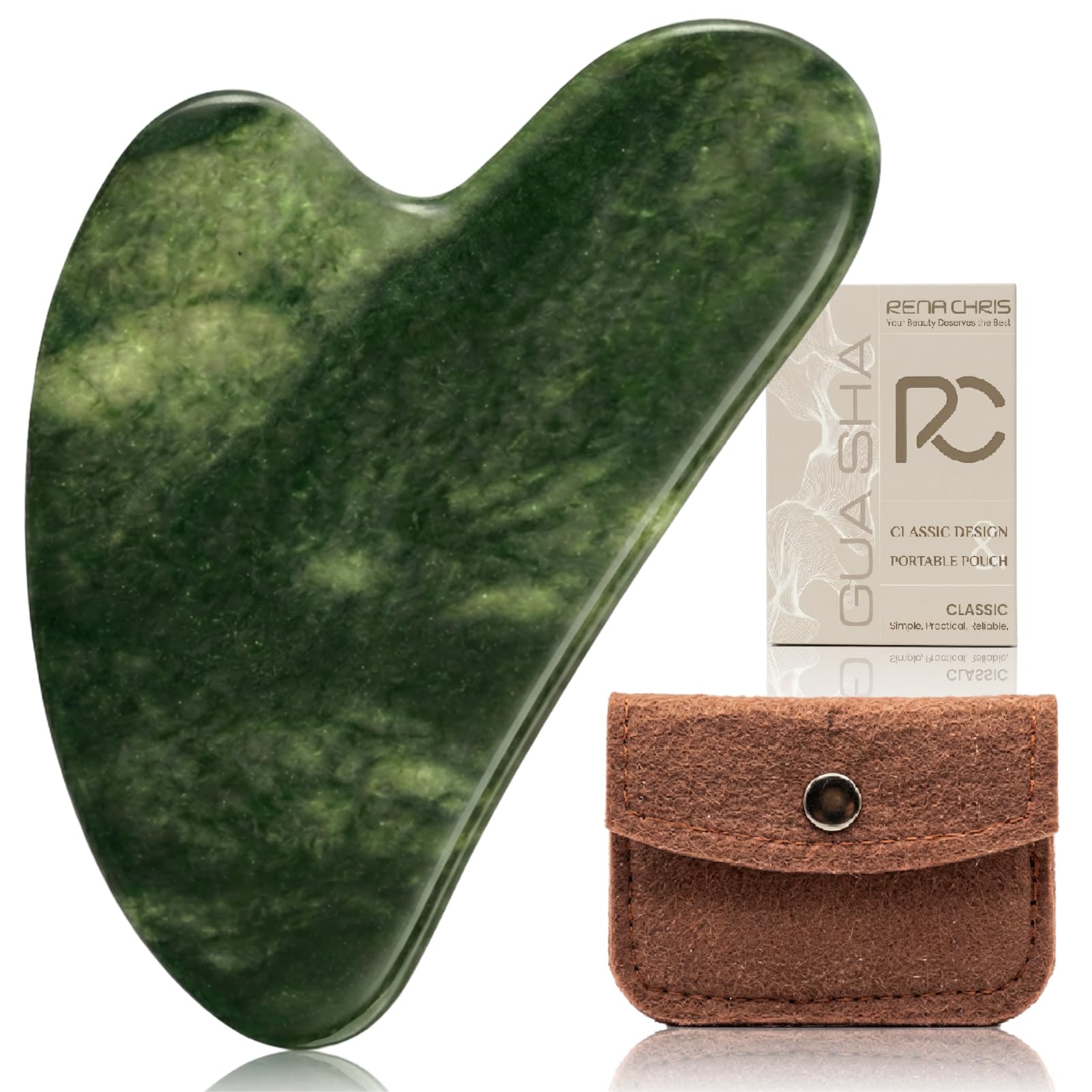 Rena Chris Gua Sha visage en jade naturel pour peau éclatante et fraîche.