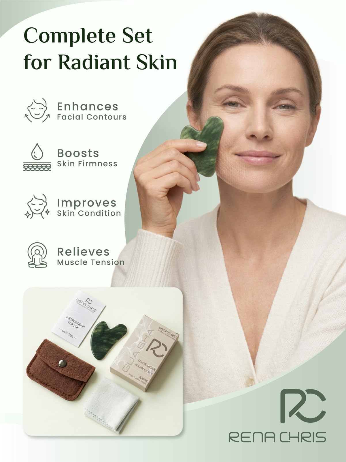 Rena Chris outil gua sha jade lisse pour massage facial doux et fluide.